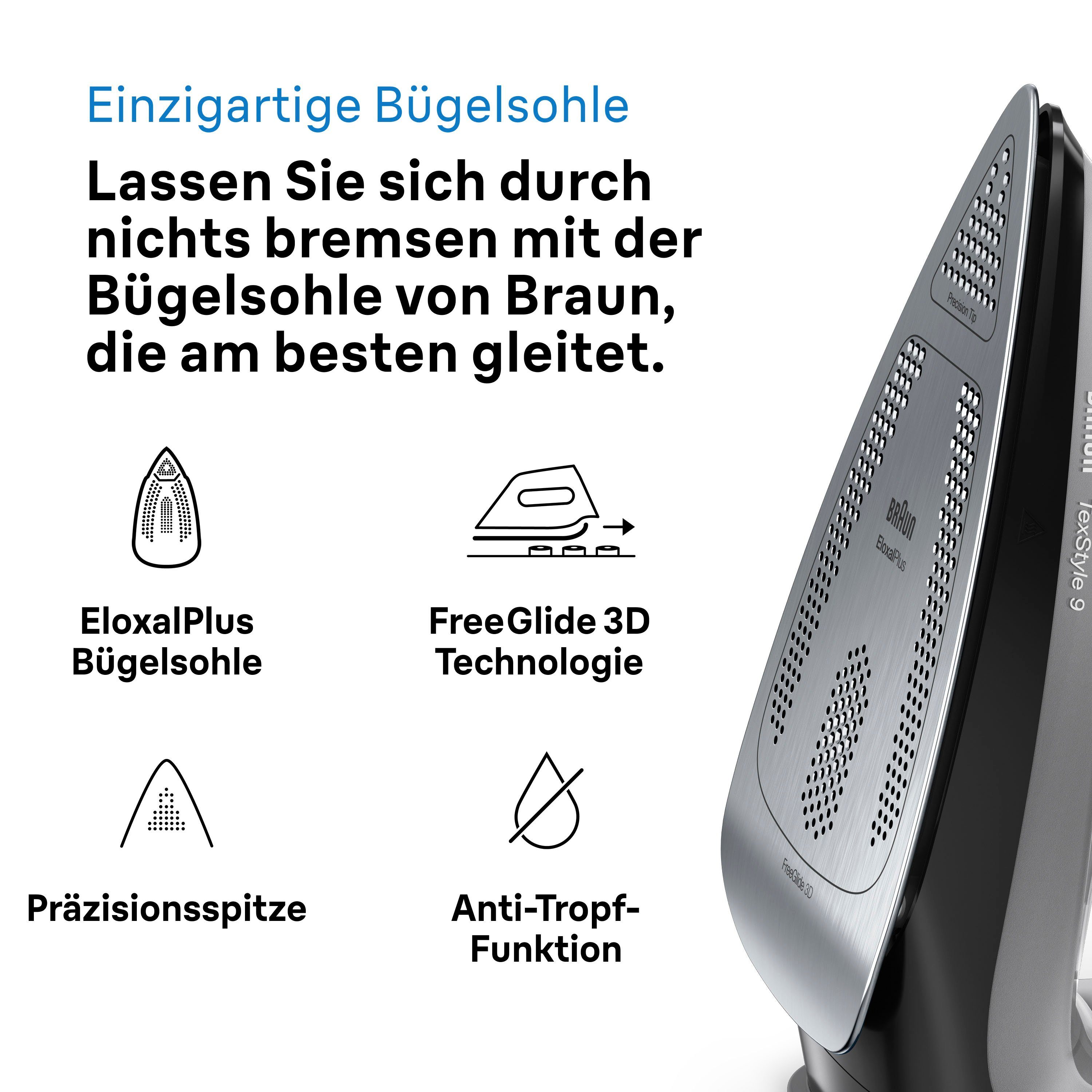 Braun Dampfbügeleisen TexStyle 9 SI 9281 BK, 3100 W, FreeGlide 3D  EloxalPlus Bügelsohle gleitet rückwärts über Knöpfe und