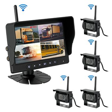 CARMATRIX BDW-710C+4 Rückfahrkamera (HD Funk Rückfahrsystem 7" Monitor 4 Kanal Quad Rückfahrkamera Set LKW, Aufnahmefunktion, SD Karte, Mikrofon, Audio, Distanzlabel, IPS Monitor)