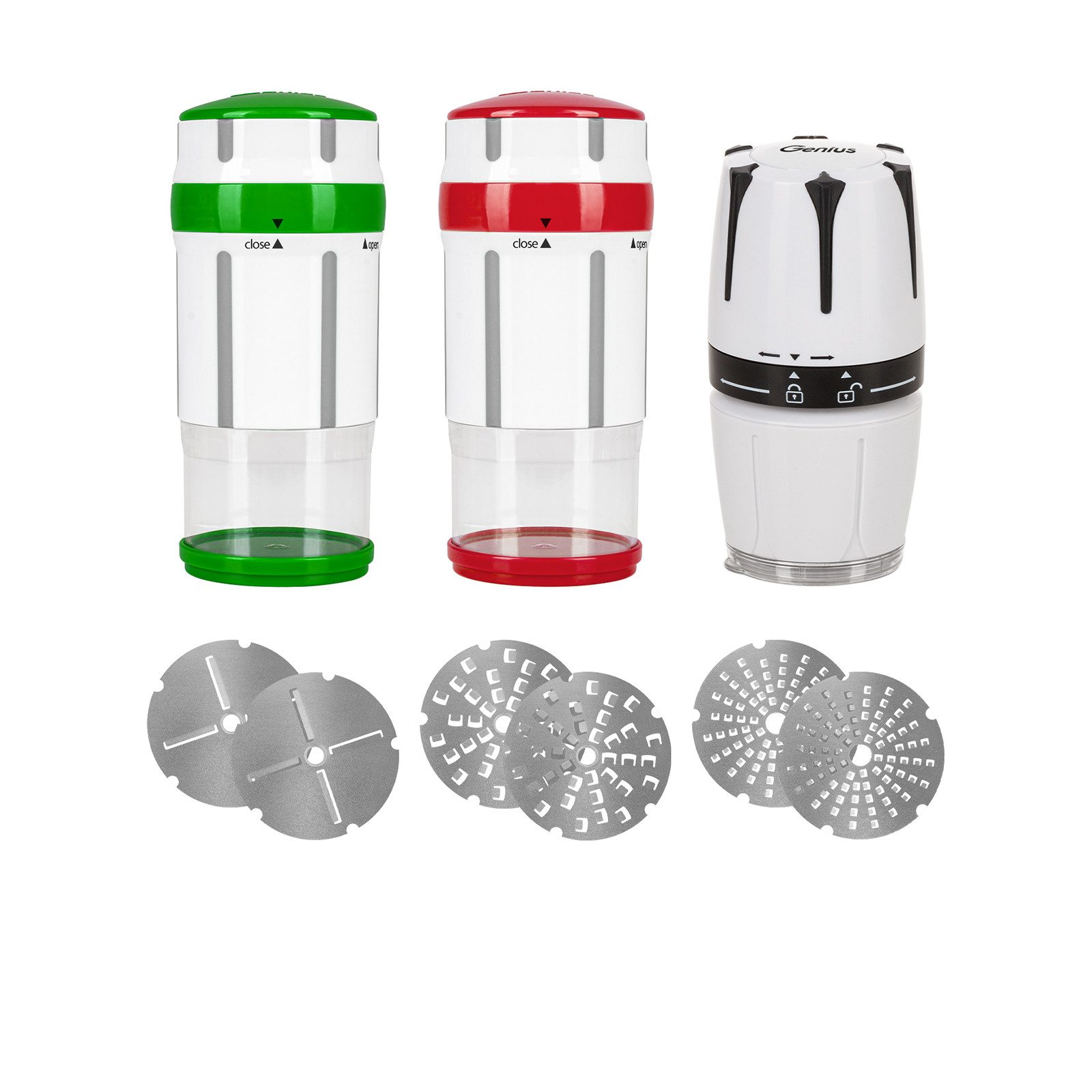 Genius Küchenreibe Gewürzmühle Nicer Dicer Maestro inkl. Knoblauchschneider G10, (Set 13-tlg., Küchenzubehör, Tonkabohnen, Muskatmühle, Salzstreuer, Trüffelhobel), extra-scharfe Edelstahl-Klingen in G-NOX-Qualität
