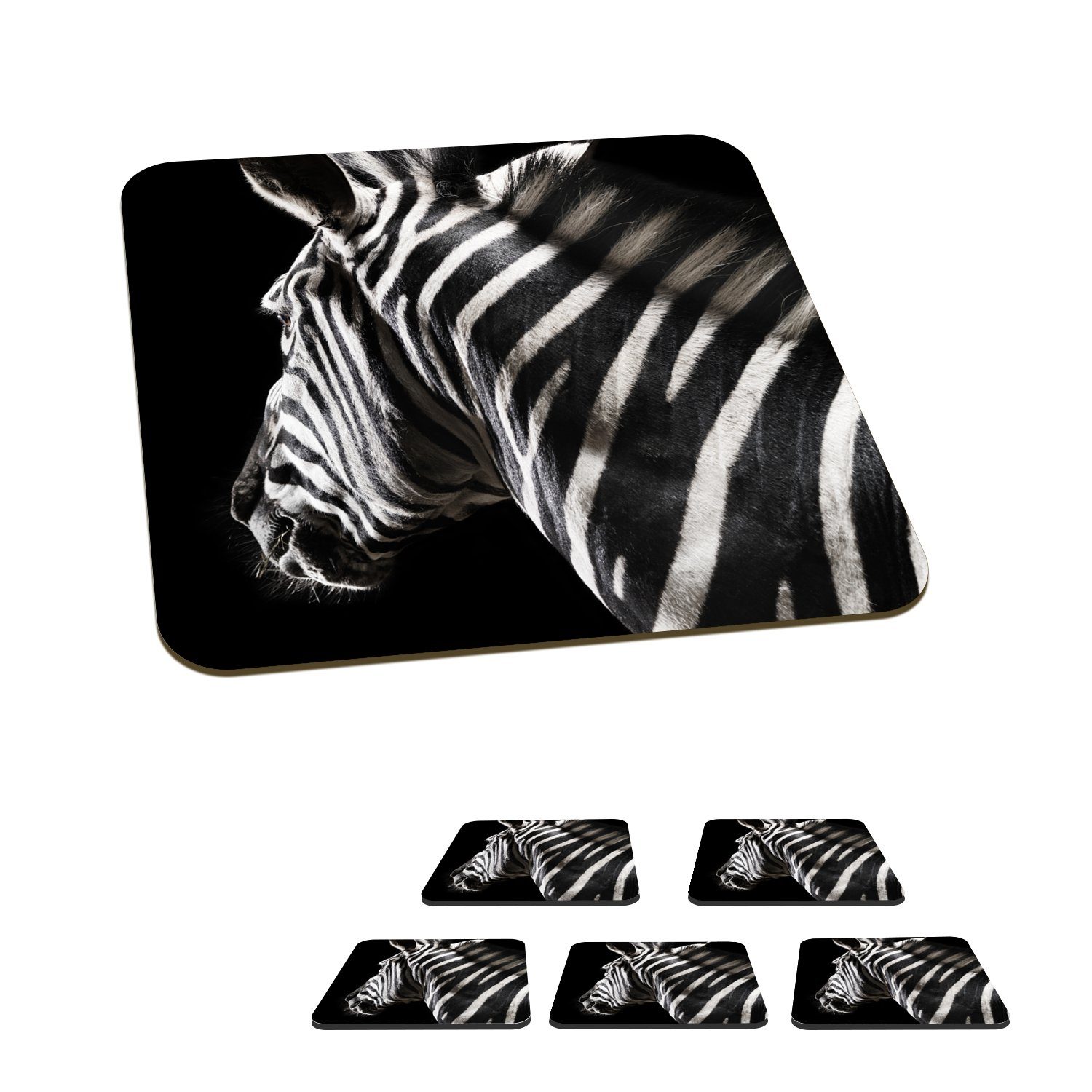 MuchoWow Glasuntersetzer Zebra - Tier - Schwarz - Porträt, Zubehör für Gläser, 6-tlg., Glasuntersetzer, Tischuntersetzer, Korkuntersetzer, Untersetzer, Tasse