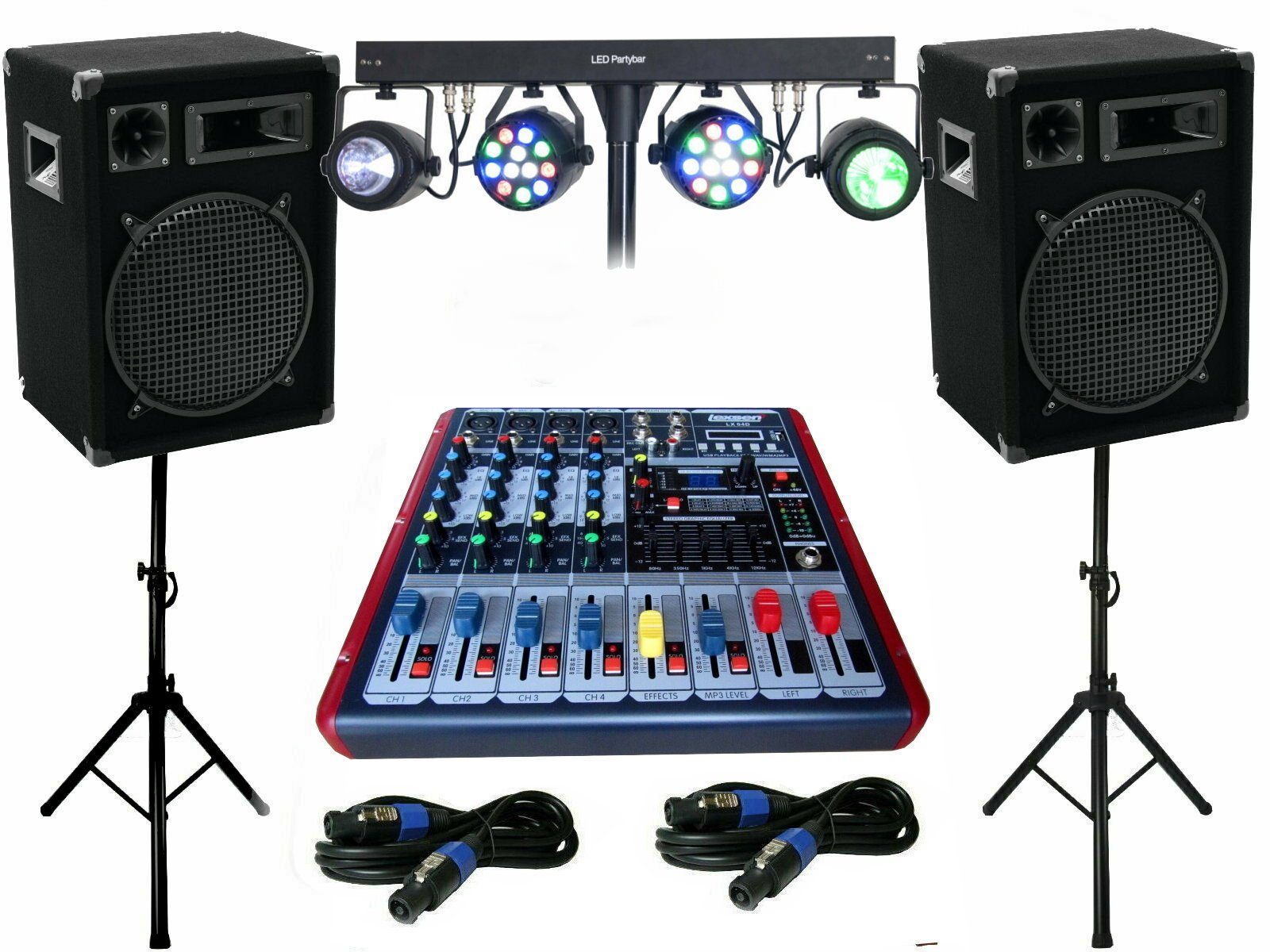 Pa Set 4 Kanal Powermixer Musik Anlage Boxen Stativ Kabel Lichtset Party-Lautsprecher