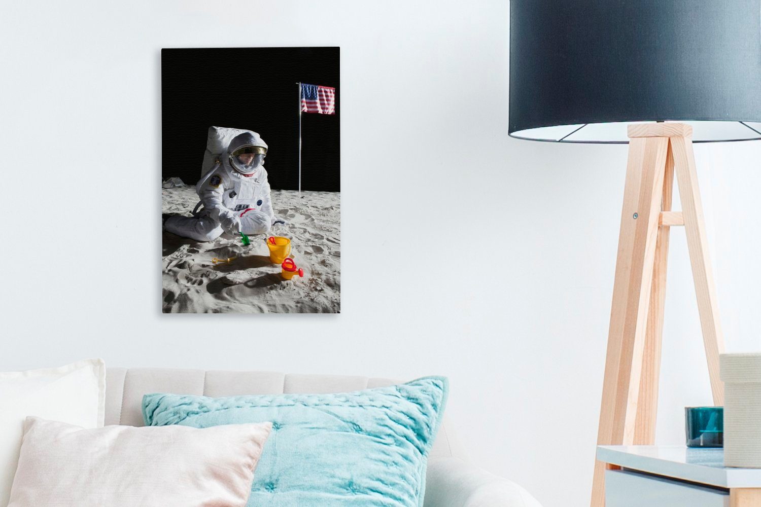St), (1 Zackenaufhänger, inkl. Leinwandbild Mond fertig - bespannt cm Sandburg, 20x30 Leinwandbild Astronaut - OneMillionCanvasses® Gemälde,