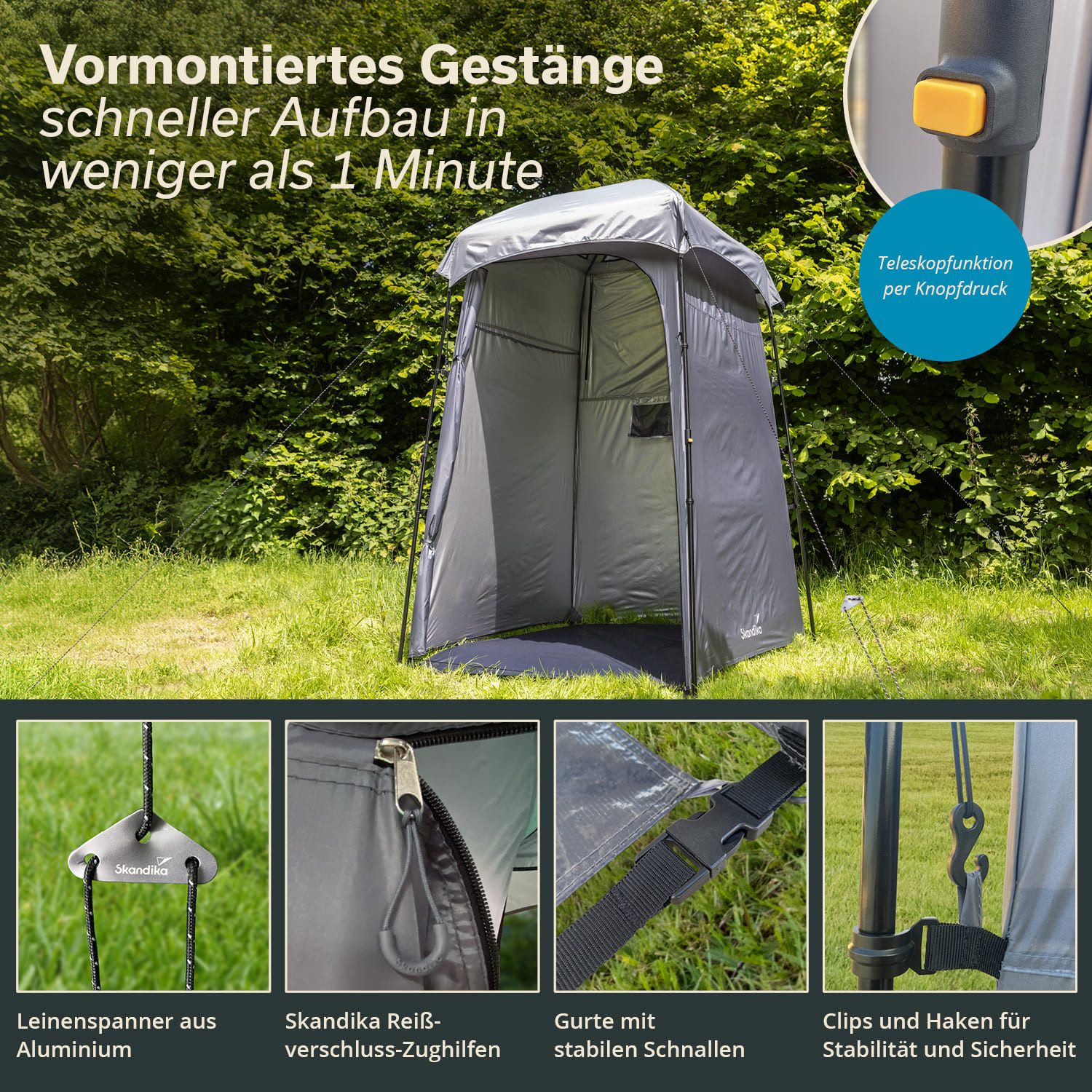 Skandika Kuppelzelt Duschzelt mit Fenster, Quick-Start, Pop Up, Umkleidezelt, 210 cm Höhe, Personen: 1, 210 cm Stehhöhe, silberbeschichtet, Blickdicht, separater Boden