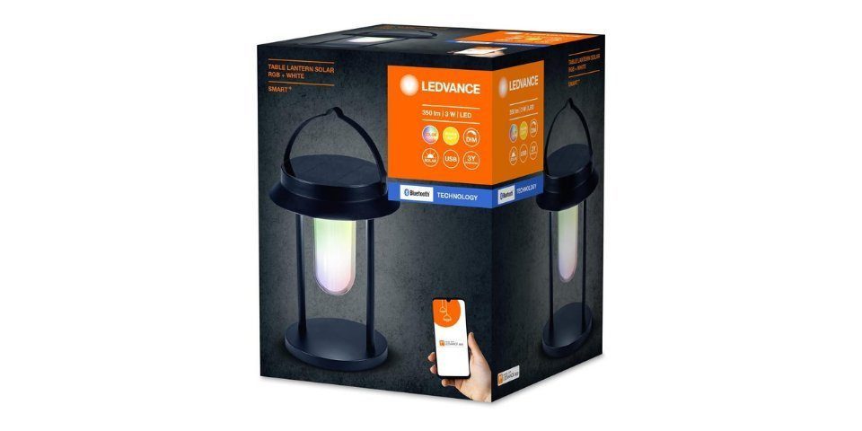 Ledvance LED Tischleuchte SMART+ Outdoor Bluetooth Solar-Tischleuchte Warmweiß Dimmbar, LED fest integriert, Weißlicht (3000K) + Farblicht, 5 Stunden Brenndauer wiederaufladbar IP44