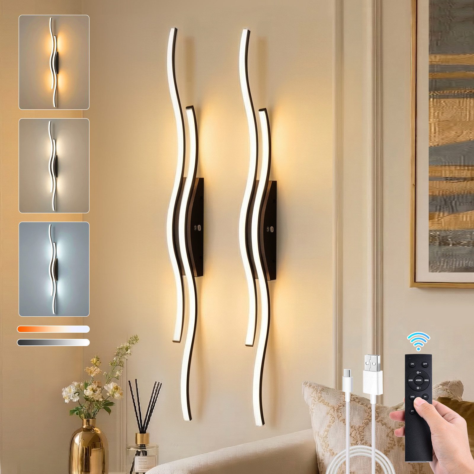Lapalife Wandleuchte LED Dimmbar Akku Wandleuchte mit Fernbedienung, Kabellose, 3000K-6000K, 10000mAh mit Timing Nachttischlampe für Wohnzimmer