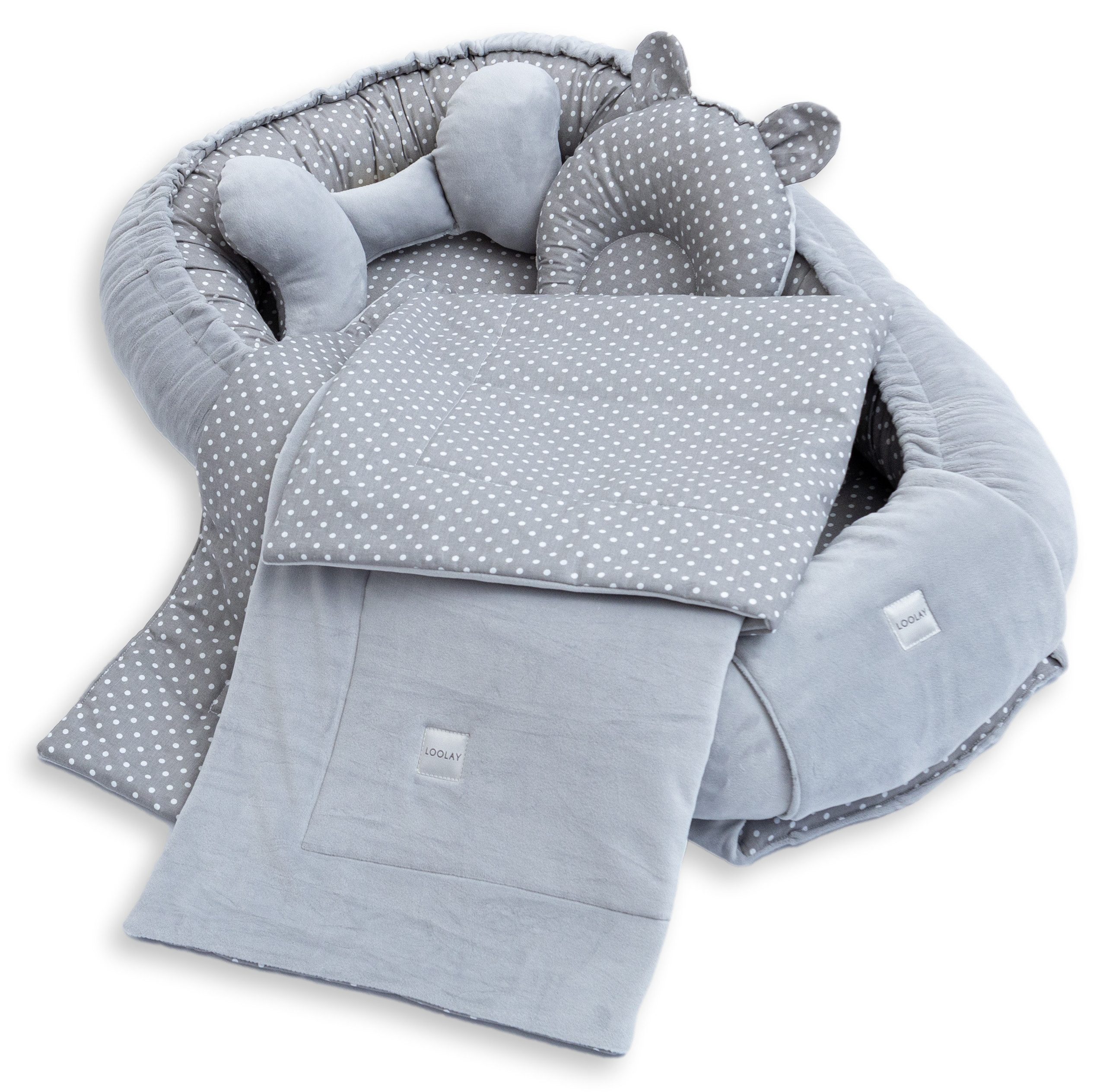 Loolay Kuschelnest BABYNEST 5 TLG. Set PREMIUM Babyausstattung Baumwolle & Samt Velours, (MUSTER: GRAU Samt Velour/ Mini PUNKTE Grau, 5-tlg., Liebevoll handgefertigt Nestchen! Geborgenheit Komfort für Neugeborene), Premium Ausstattung - 100% Europäische S