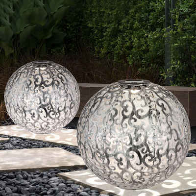 etc-shop LED Gartenleuchte, 2er Set LED Solar Kugel Steck Leuchten Dekor Stanzung Garten Außen Erdspieß Lampen silber schwarz