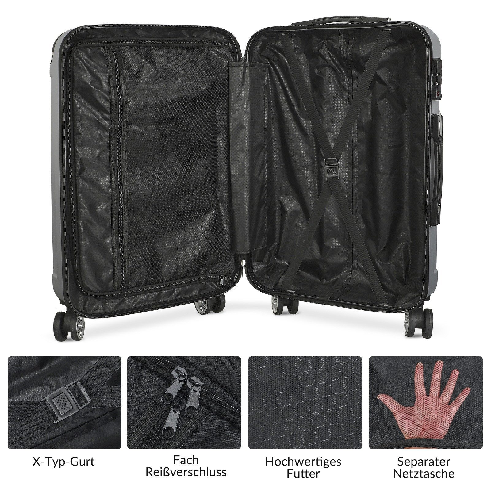 Henunem Kofferset Trolleyset Reisekoffer ABS Hartschalenkoffer mit Zahlenschloss, Hartschalen Rollkoffer,3 tlg,4 Rollen,ABS-Material, Dunkelgrau – Bild 5 von 5