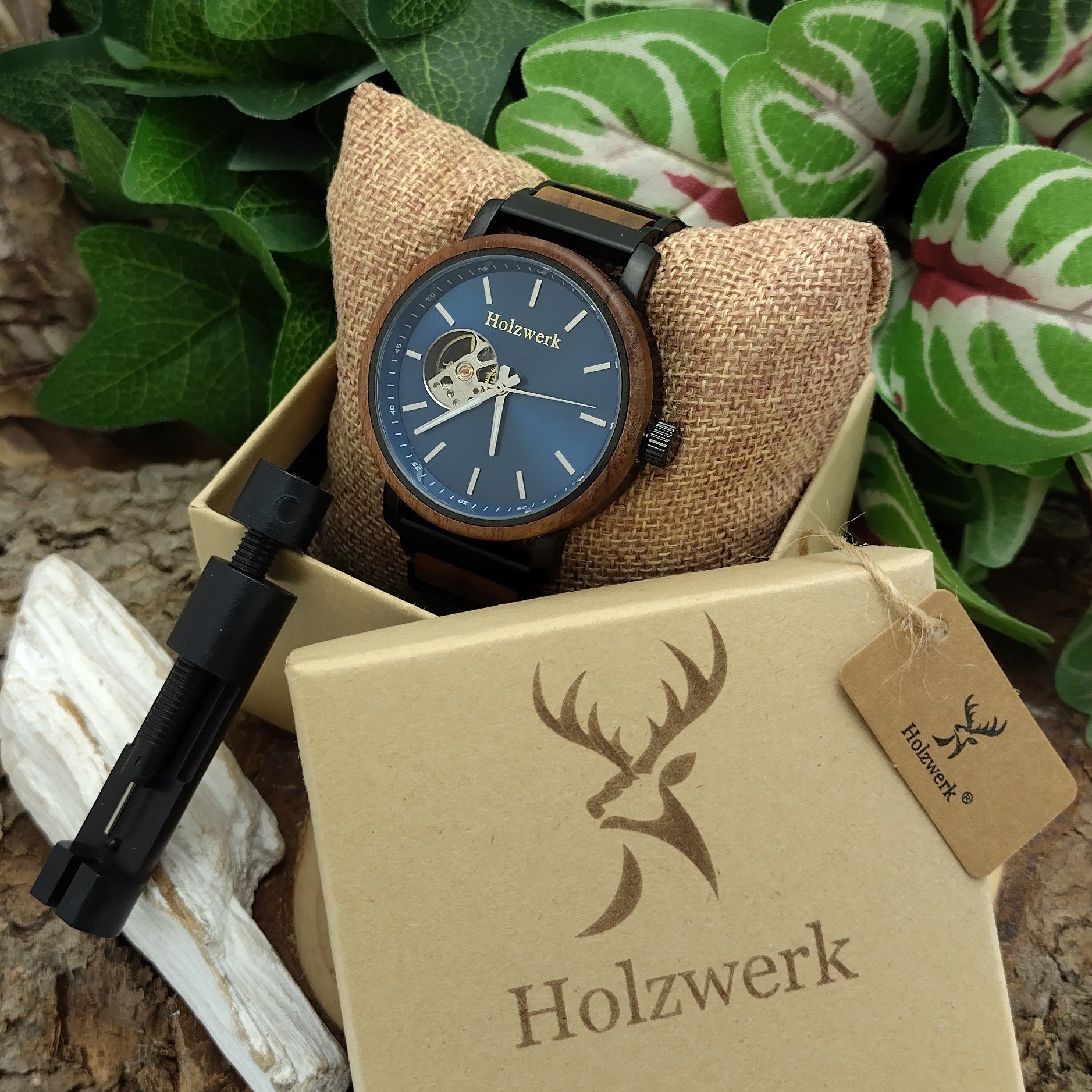 Holz Automatikuhr CLAUSTHAL schwarz, Armband Edelstahl Herren braun, & Uhr, Holzwerk blau