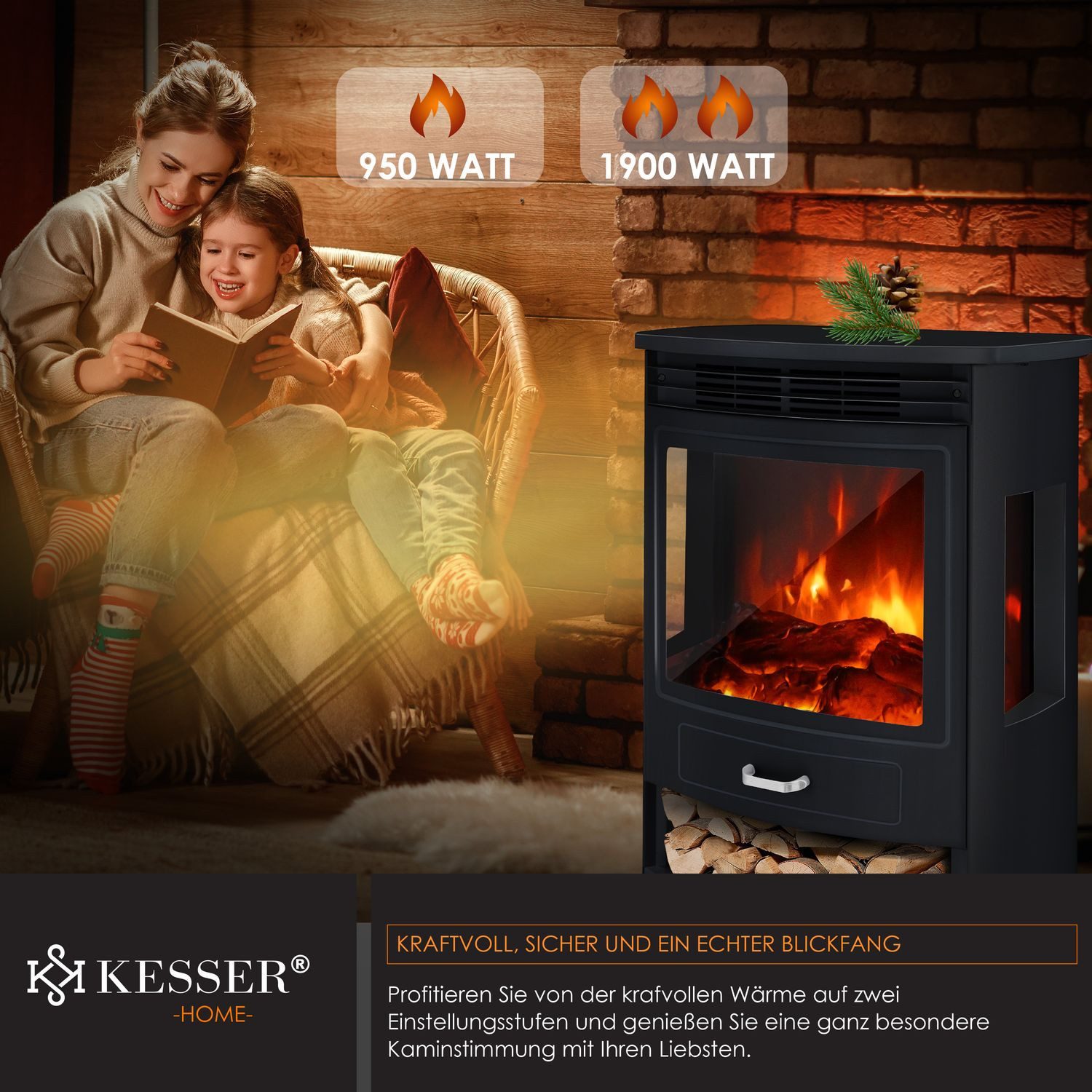 KESSER Elektrokamin, Prio Elektrokamin mit Heizung Heizlüfter Fernbedienung WiFi