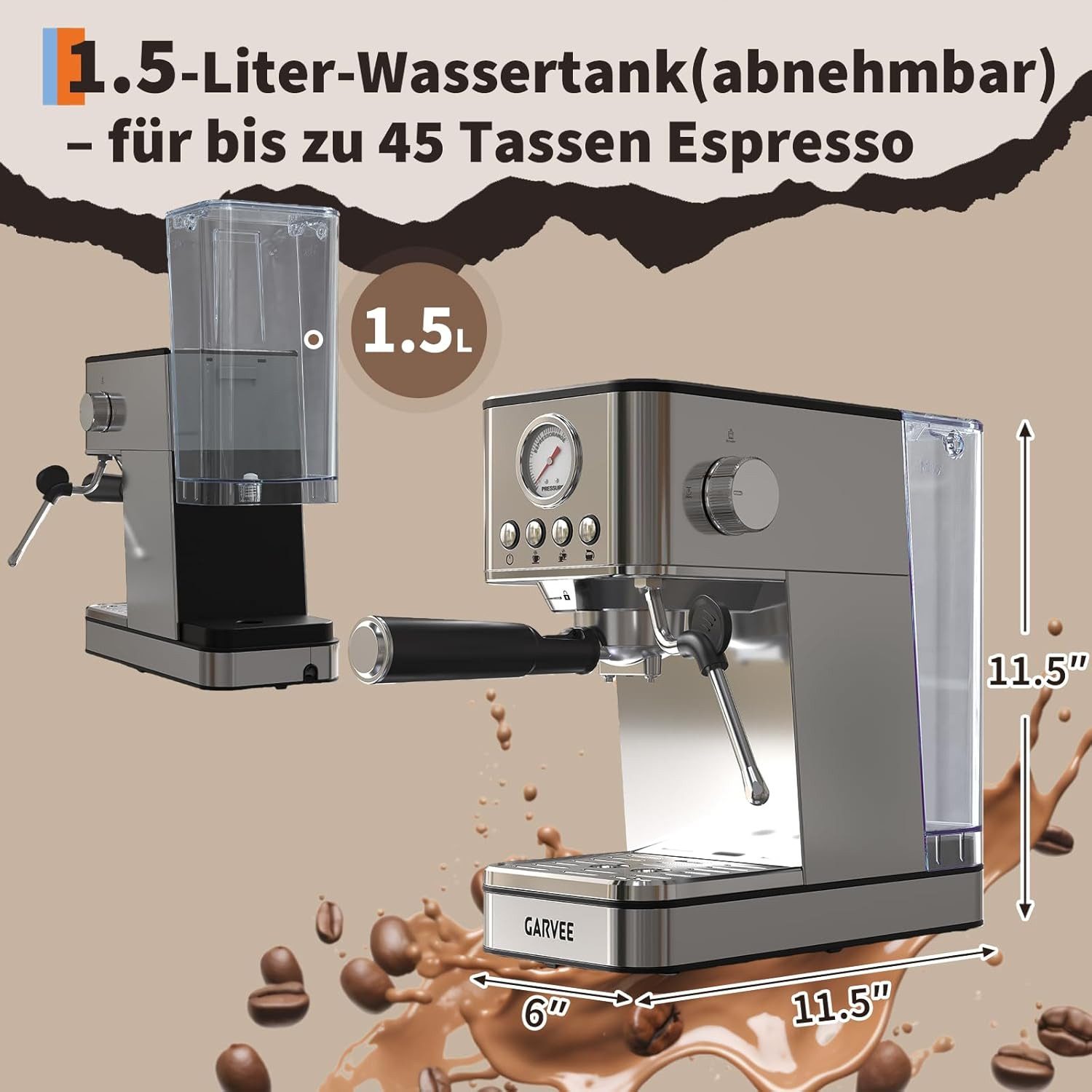GarveeMore Siebträgermaschine EM621, 1.7l Kaffeekanne, Espressomaschine Mit Thermoblock-Schnellheizsystem & Milchschäumer
