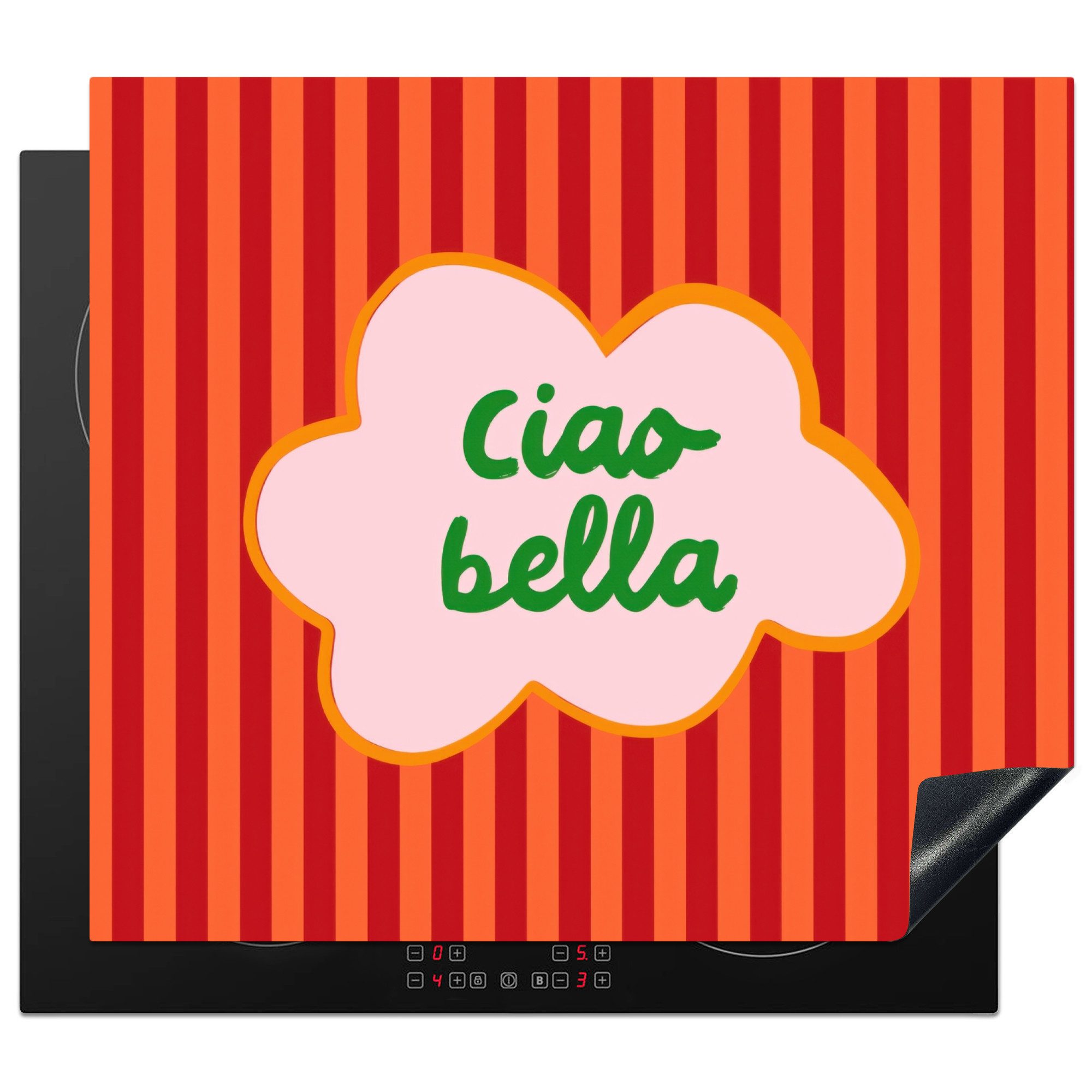 MuchoWow Herd-Abdeckplatte Ciao bella - Text Wolke - Streifen - Orange, Vinyl, (1 tlg), Cerankochfeld Abdeckung, Herd Abdeckplatten Vinyl, 58.3x51.3 cm
