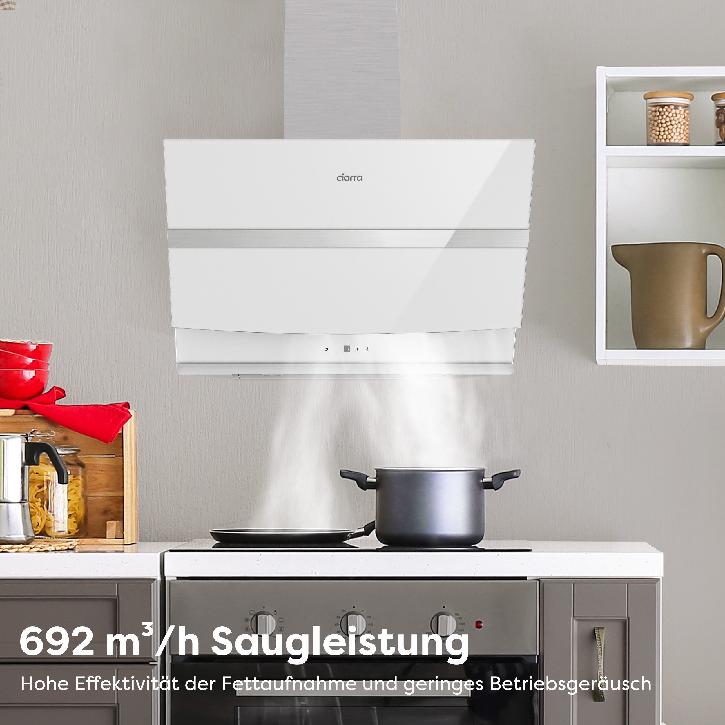 CIARRA Kopffreihaube 60cm Dunstabzugshaube 650 m³/h Wlan -APP & Touch Control Serie CA6736NB CA6736NW 60cm Dunstabzugshaube 650 m³/h Wlan -APP & Touch Control, 4 Sufen Inkl. BOOST Schräghaube Leise 5-Minuten-Nachlaufschaltung