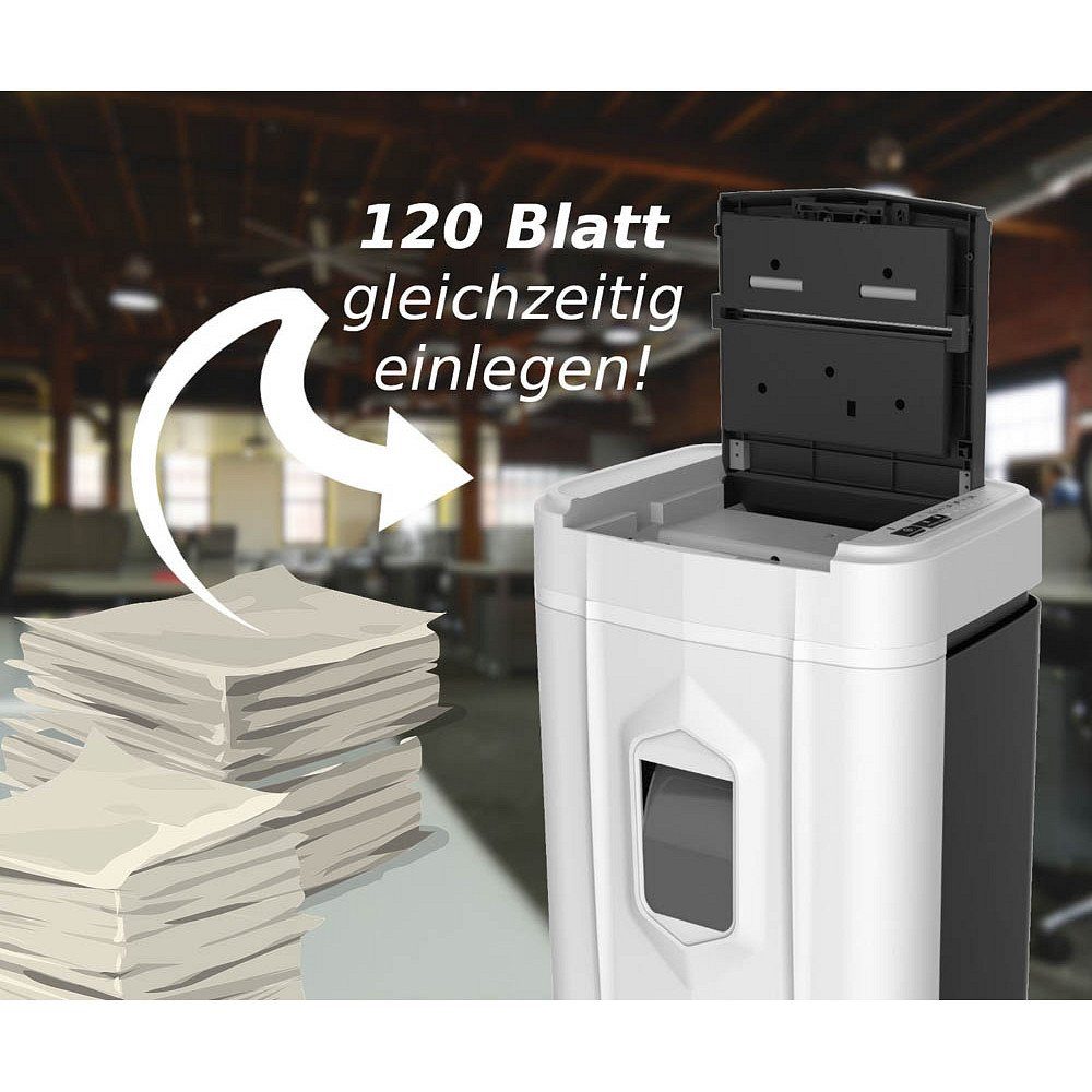LMG Germany Aktenvernichter Papierschredder P4, P5 Autofeed 120 Blatt, sehr leise, Partikelschnitt, Schredder manuell bis zu 10 Blatt, 60 Minuten Dauerbetrieb