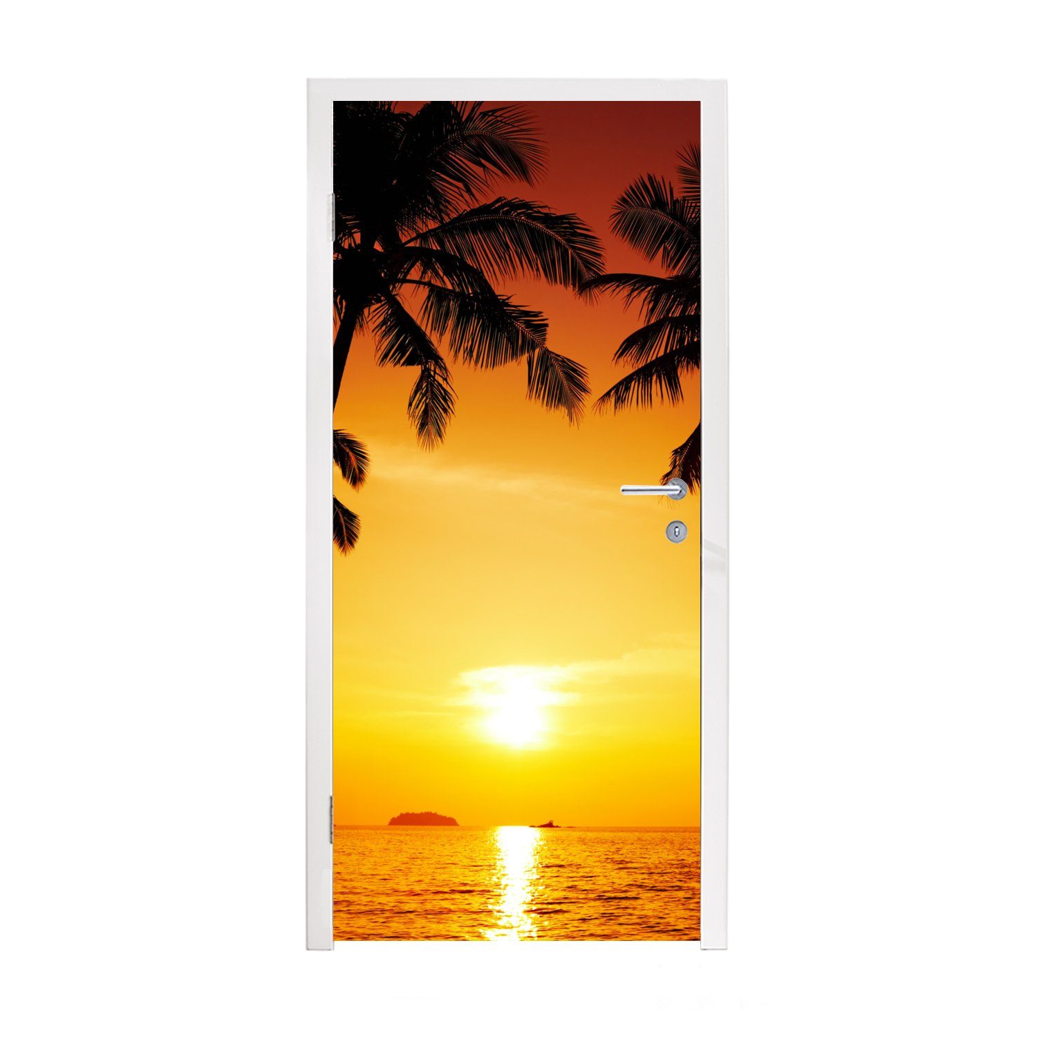 Günstiger Versand im Ausland! MuchoWow Türtapete Palme - Sonnenuntergang Tür, - bedruckt, Türaufkleber, - - (1 Fototapete Strand cm Tropisch, für 75x205 Orange Matt, St)