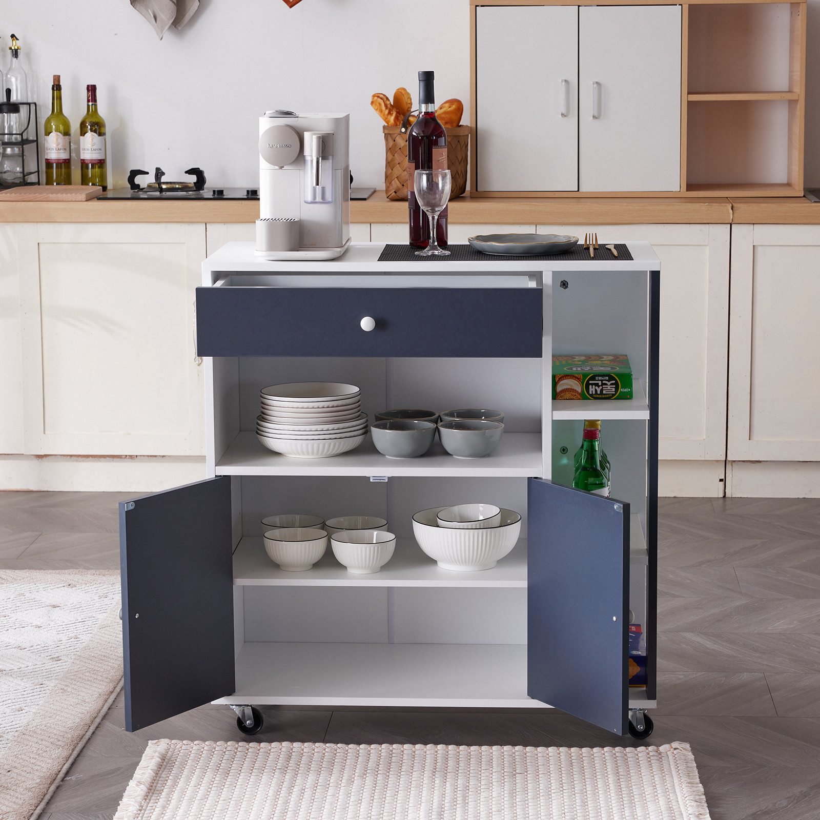 VINGLI Küchenwagen Servierwagen mit Rollen, Arbeitsplatte, Schubladen günstig online kaufen