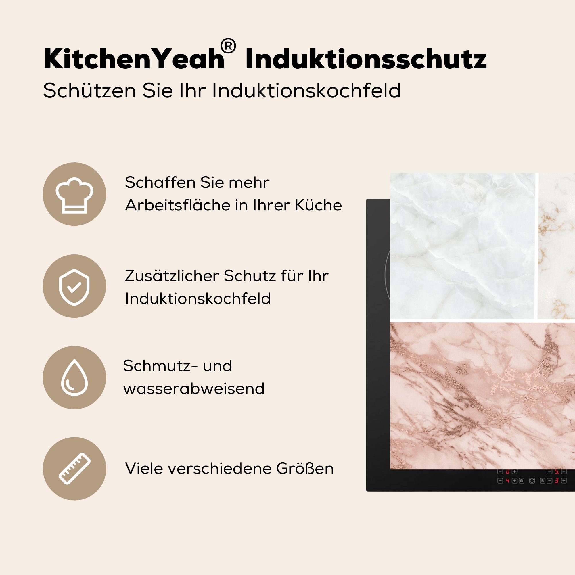 küche, (1 cm, Marmor Ceranfeldabdeckung MuchoWow - die tlg), - Herdblende-/Abdeckplatte Rosa, Schutz Vinyl, Induktionskochfeld für 71x52 Weiß