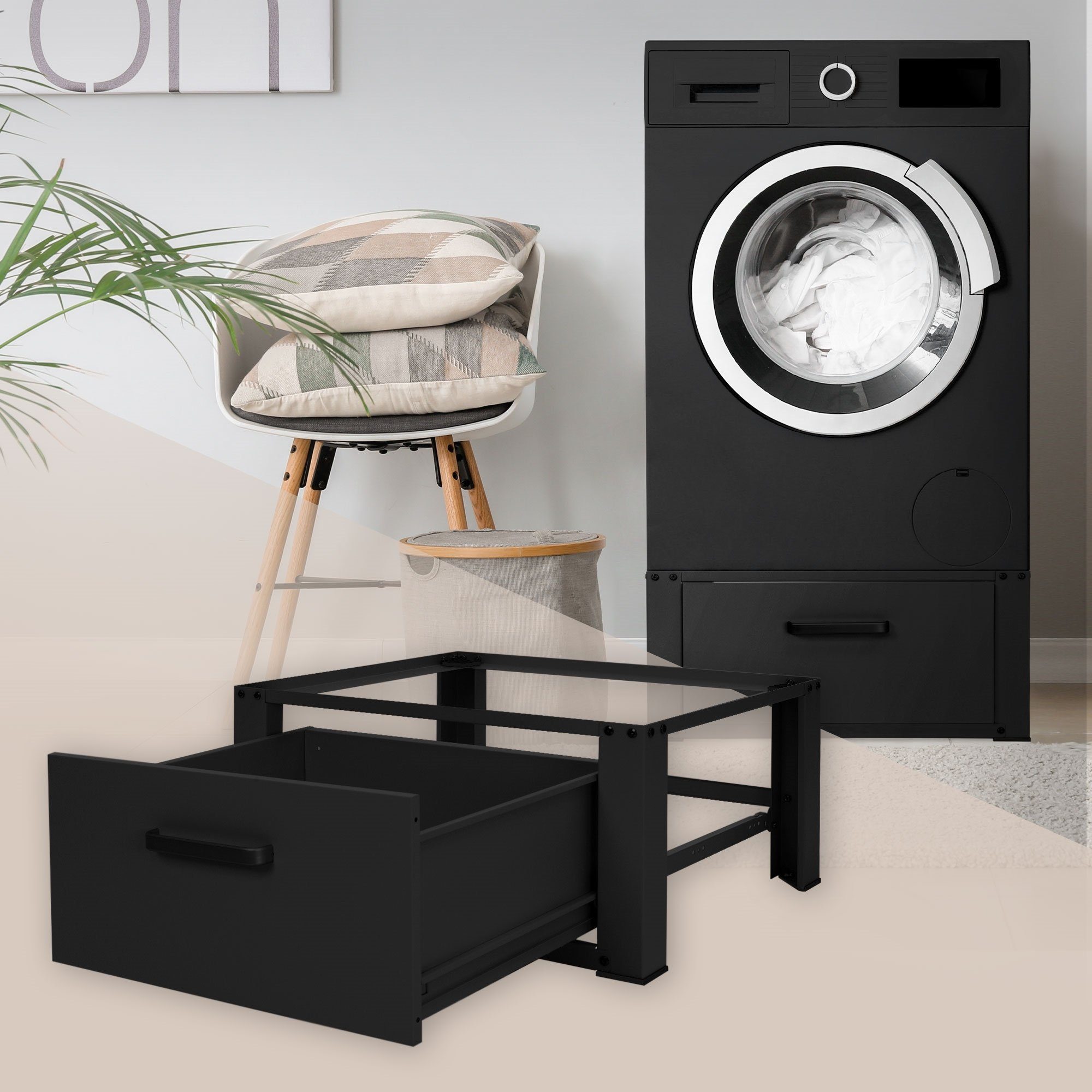 ML-DESIGN Waschmaschinenuntergestell Waschmaschinen Untergestell mit  Schublade 63x54 cm Schwarz aus Stahl