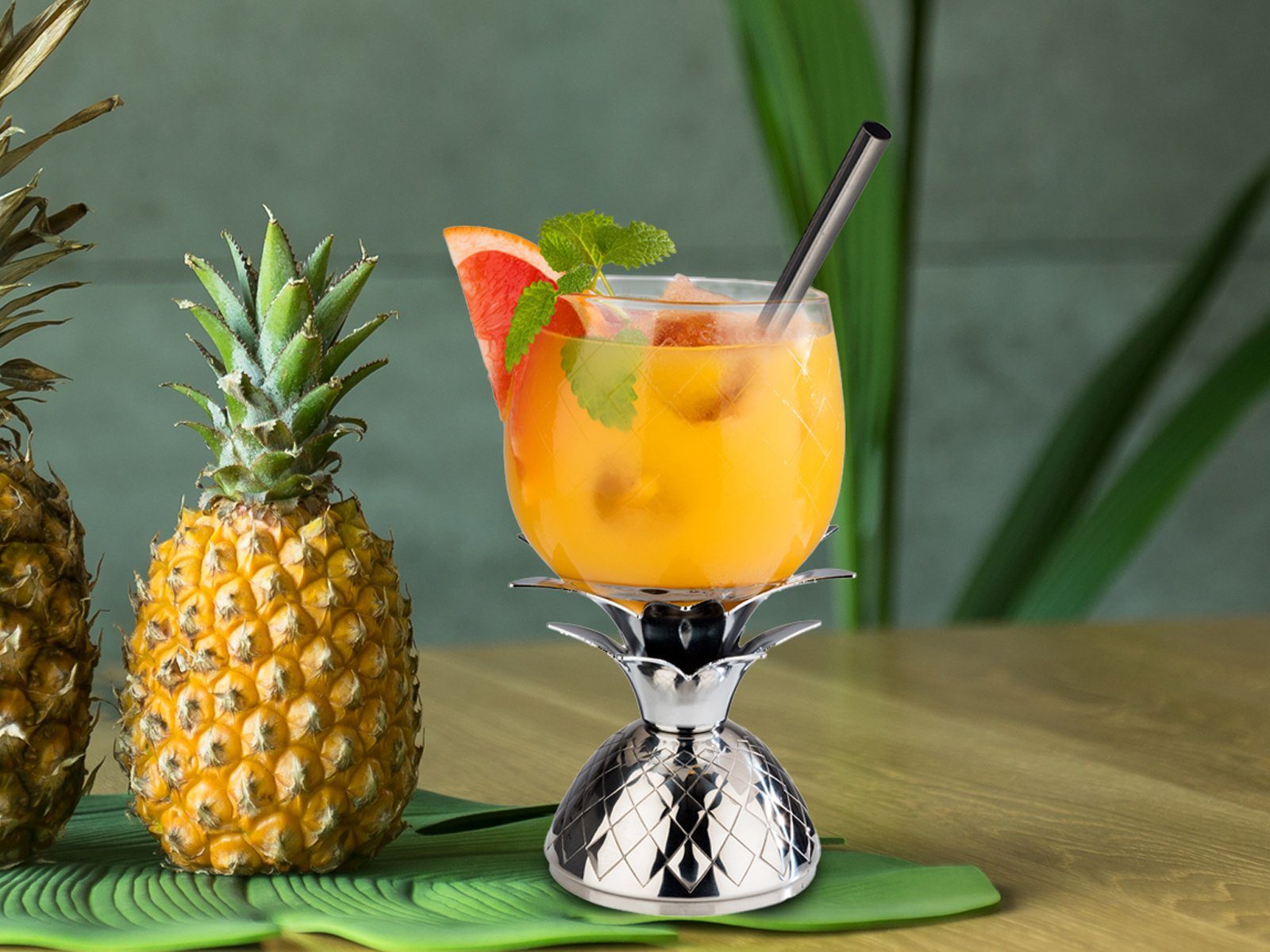 APS Cocktailglas, Glas, Ananasglas mit Deckel Cocktailbecher Strohhalm Metall & Cocktail-Set