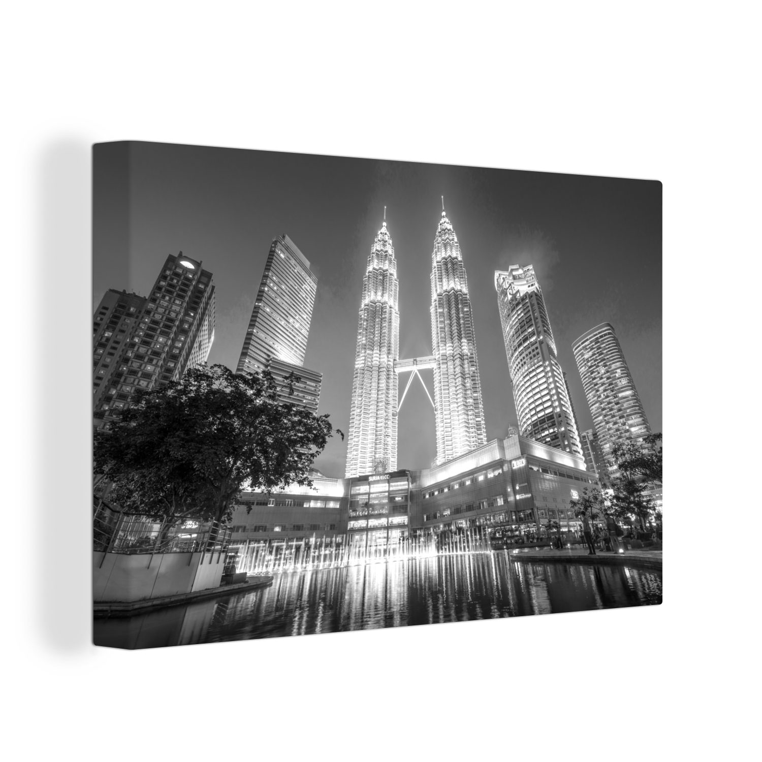 abendlich und cm - (1 St), Leinwandbild schwarz Leinwandbilder, Die Petronas-Türme 30x20 beleuchteten Aufhängefertig, Wanddeko, Wandbild weiß, OneMillionCanvasses®