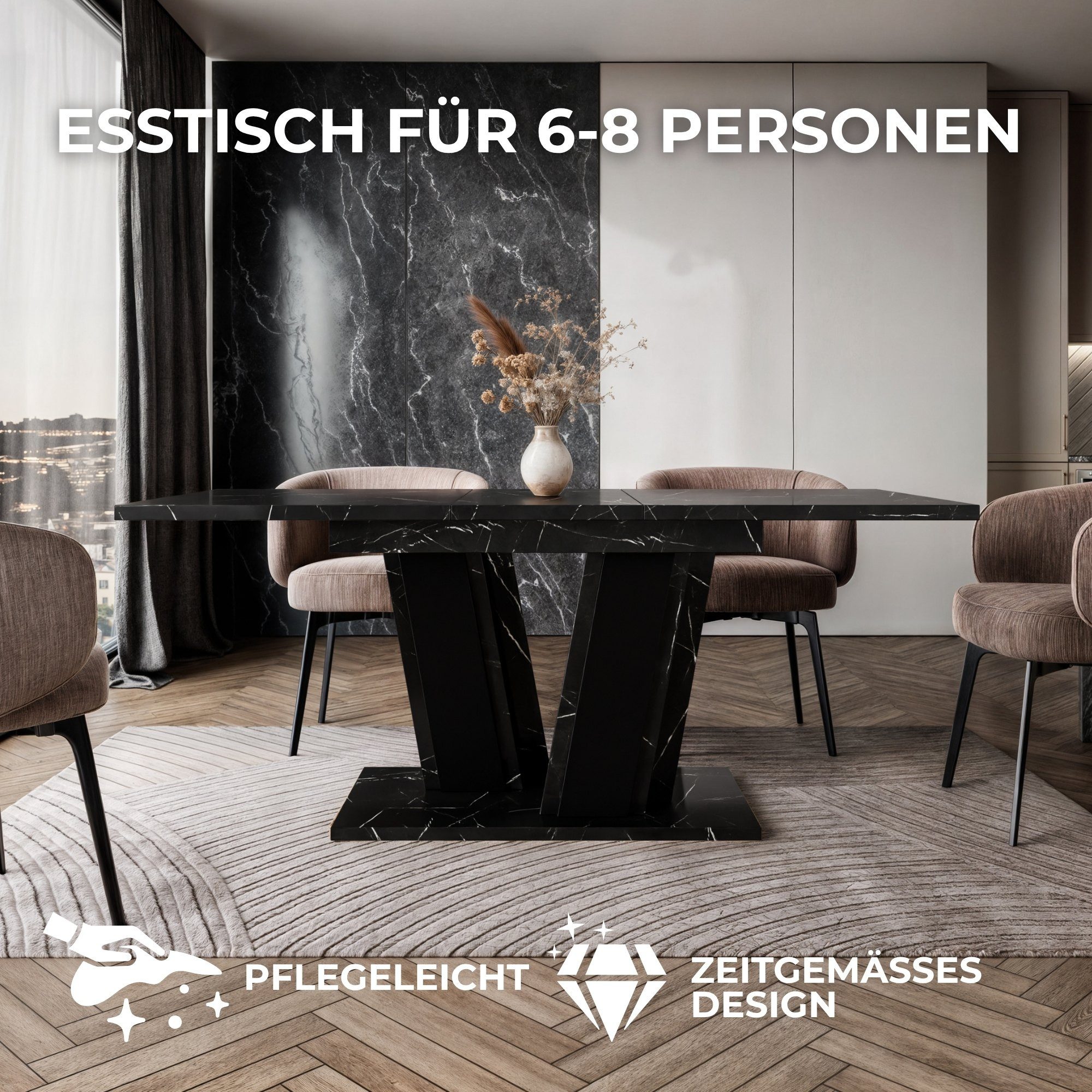 Home Collective Esstisch ausziehbar Tisch Küchentisch Esszimmertisch Ausziehtisch 120 / 140 cm (wählbar in 120-160 oder 140-180 x 80 cm Esszimmer Küche Wohnzimmer Esstisch erweiterbar), modernes Design mit Doppel-Säulengestell Schwarzer Marmor-Optik