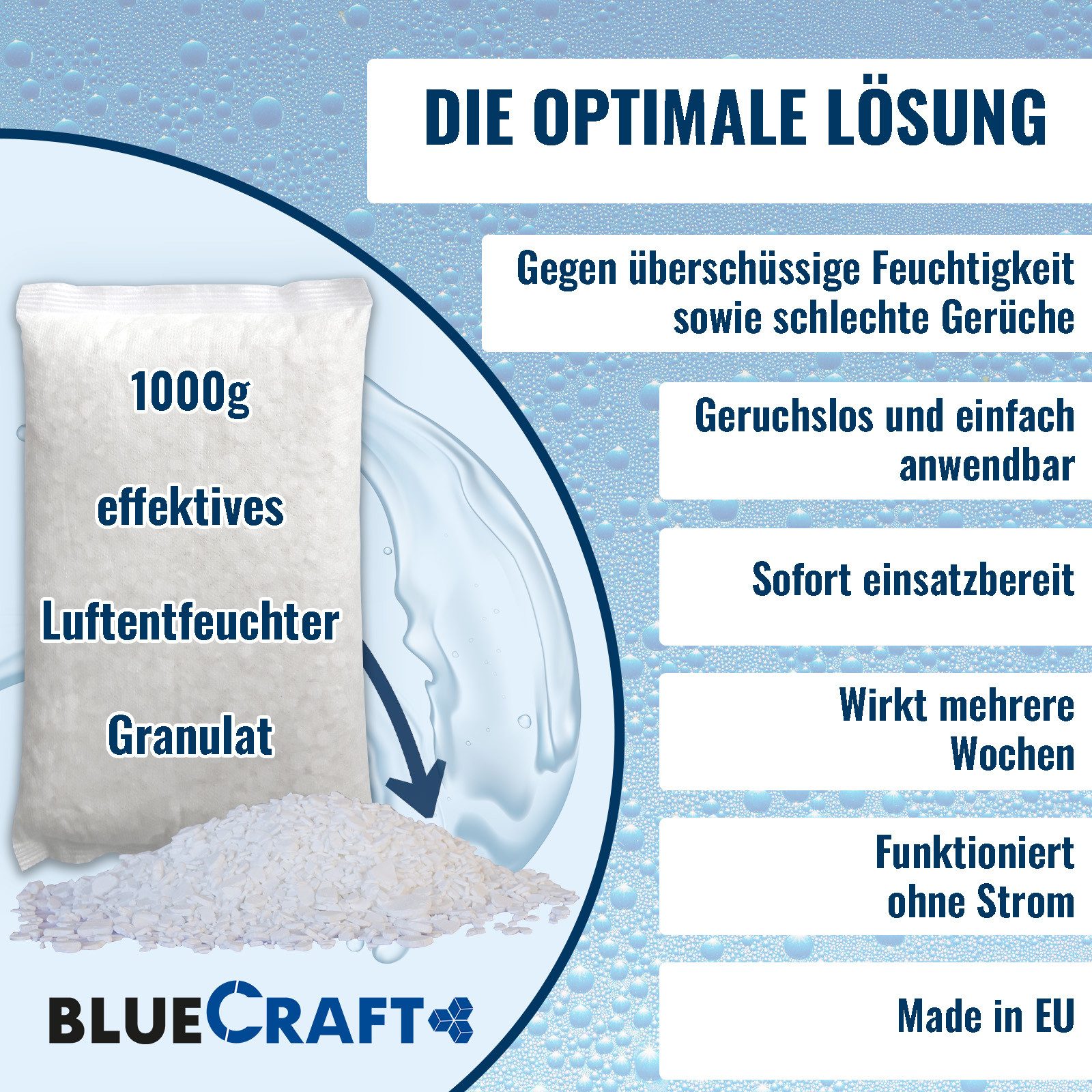 BlueCraft Luftentfeuchter-Nachfüllpack 10x 1kg Raum Entfeuchter Granulat im Vliesbeutel ohne Strom Nachfüller, Schlafzimmer Wohnung Nachfüllbeutel Feuchtigkeitskiller gegen Schimmel