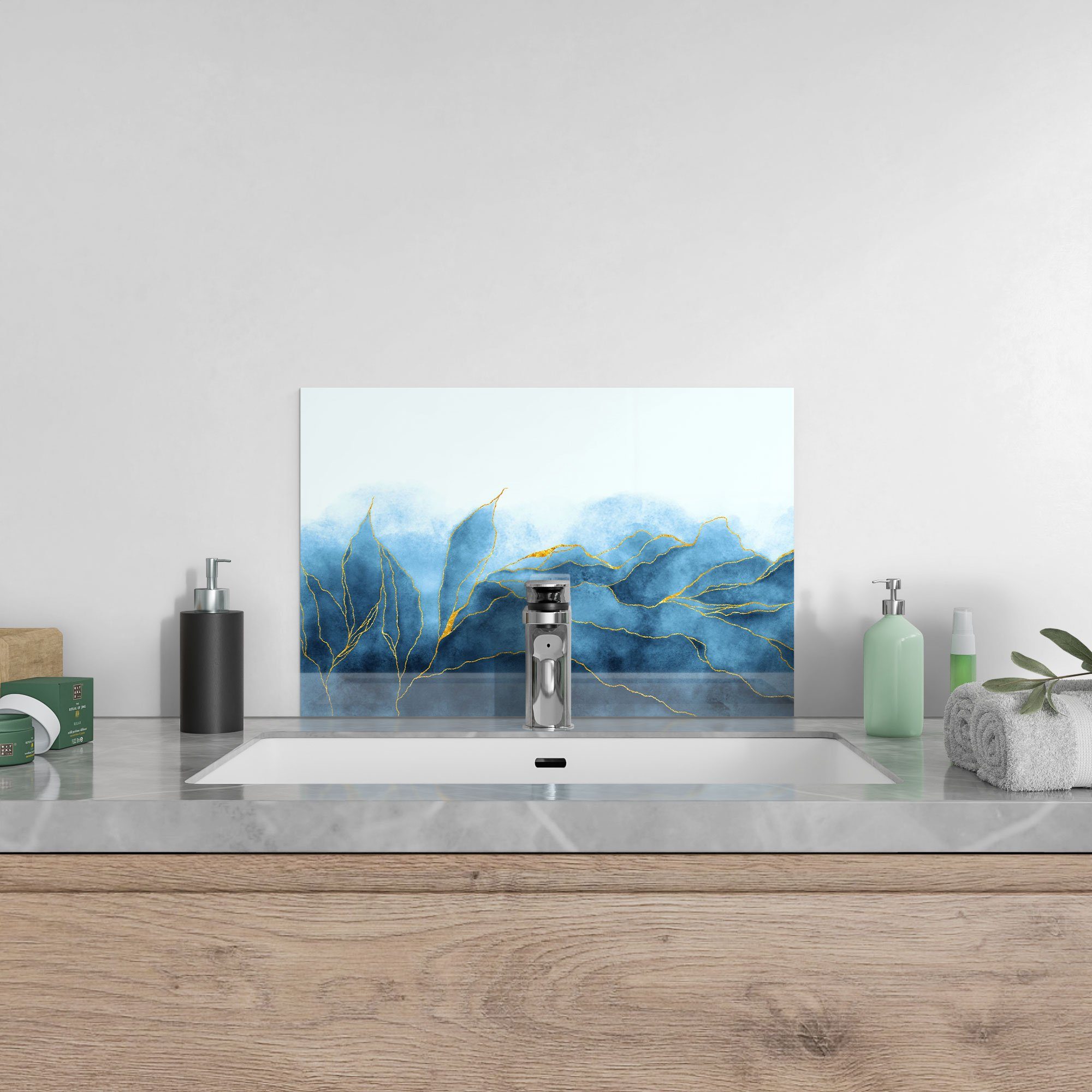 Glas Wasserfarbverlauf', DEQORI Badrückwand Küchenrückwand 'Blauer Spritzschutz Herdblende