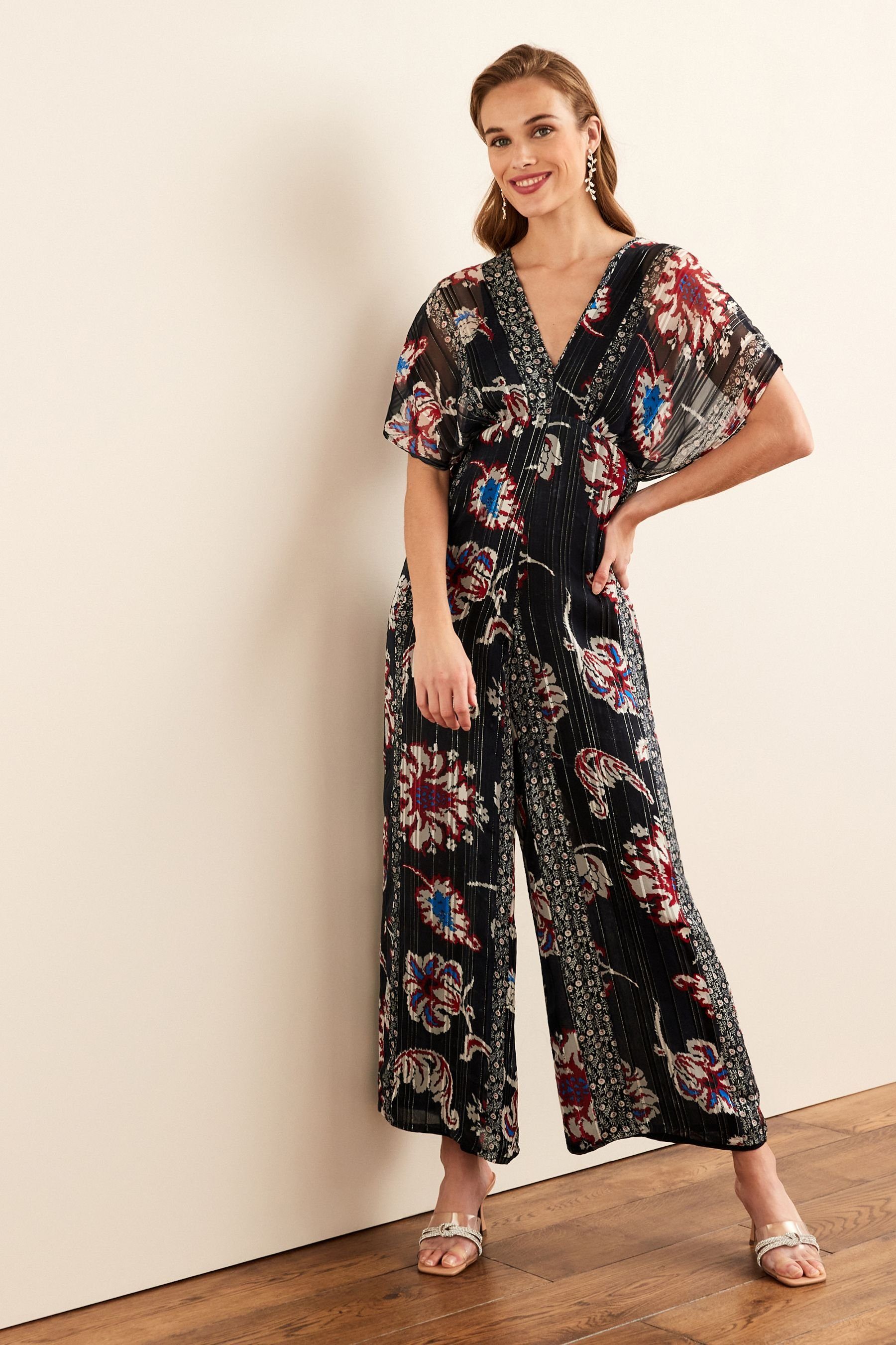 Navy Jumpsuit weitem Blue Batwing-Jumpsuit mit Floral Next (1-tlg) Sparkle Beinschnitt