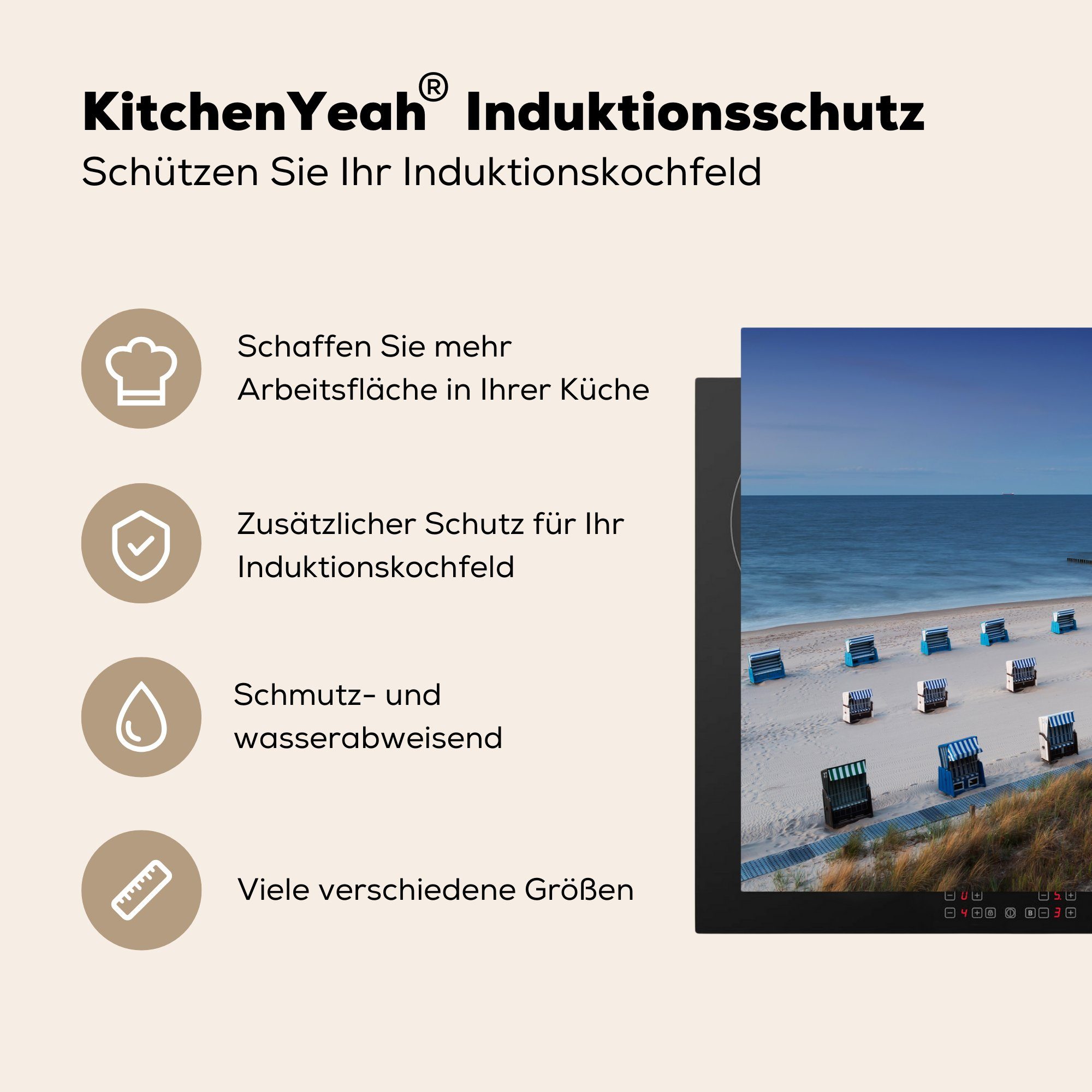 81x52 Induktionskochfeld Schutz Herdblende-/Abdeckplatte - Vinyl, Ostsee küche, Strand tlg), Strandkörbe, für MuchoWow cm, (1 - die Ceranfeldabdeckung