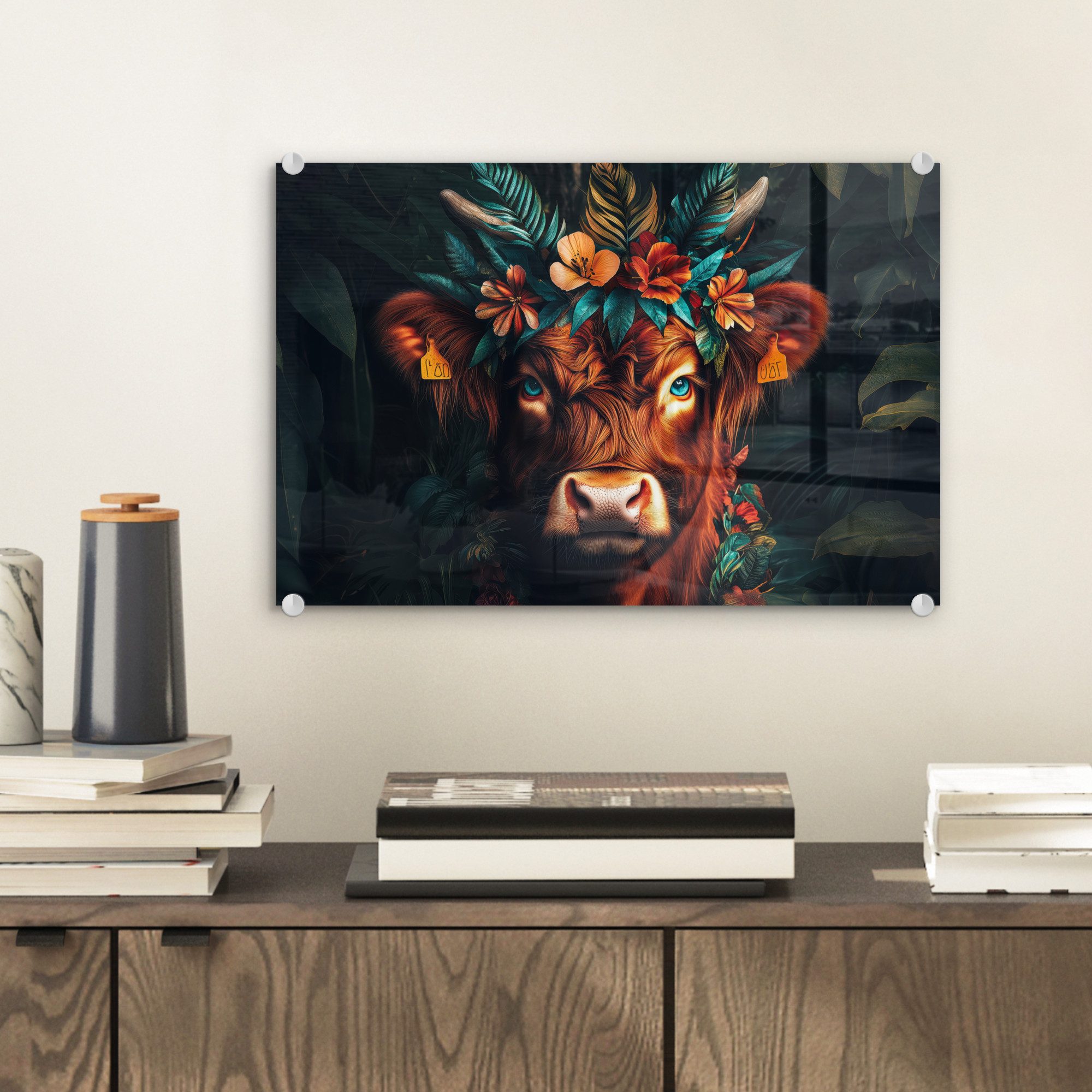 MuchoWow Acrylglasbild Schottischer Highlander - Blumen günstig online kaufen