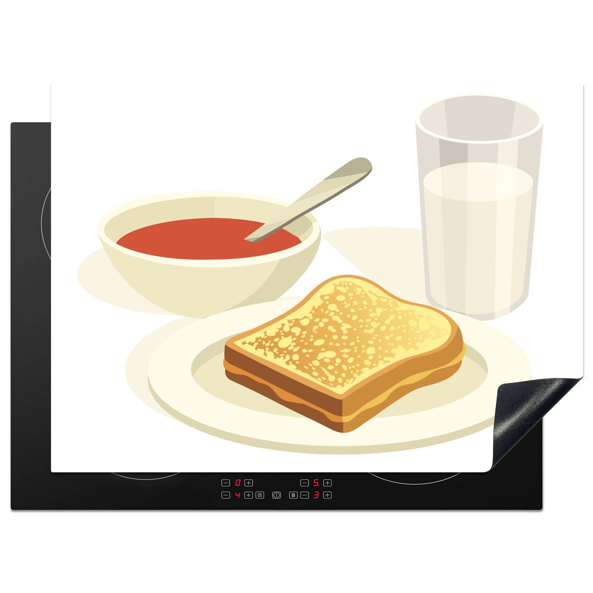 MuchoWow Herdblende-/Abdeckplatte Ein Sandwich mit Suppe und Milch serviert in einer Illustration, Vinyl, (1 tlg), 70x52 cm, Mobile Arbeitsfläche nutzbar, Ceranfeldabdeckung
