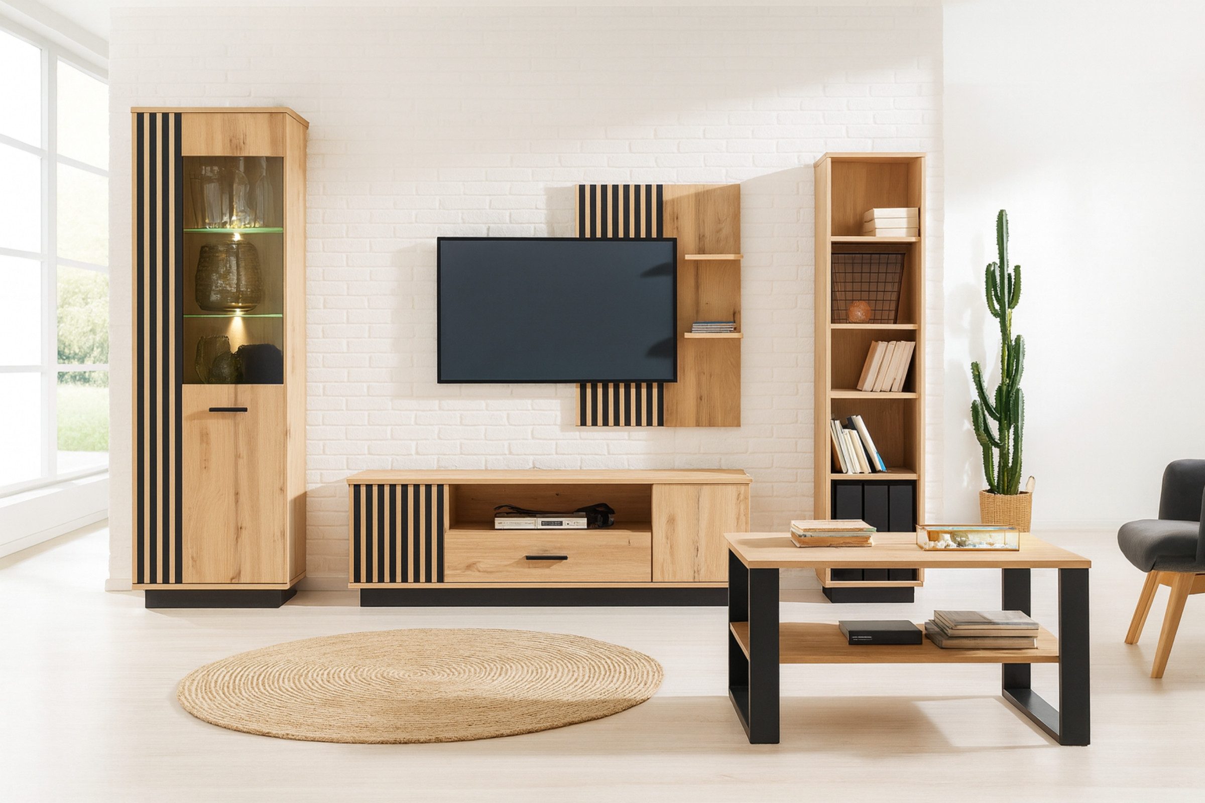 Deine Möbel 24 TV-Board LAMI 7 TV-Kommode 155 cm in Wotan Eiche & Schwarz Matt (LAMI - Kollektion, 1 St., Flexible Platzierung – für Wandmontage oder Bodenaufstellung geeignet), mit Türen, Schublade & Regalboden
