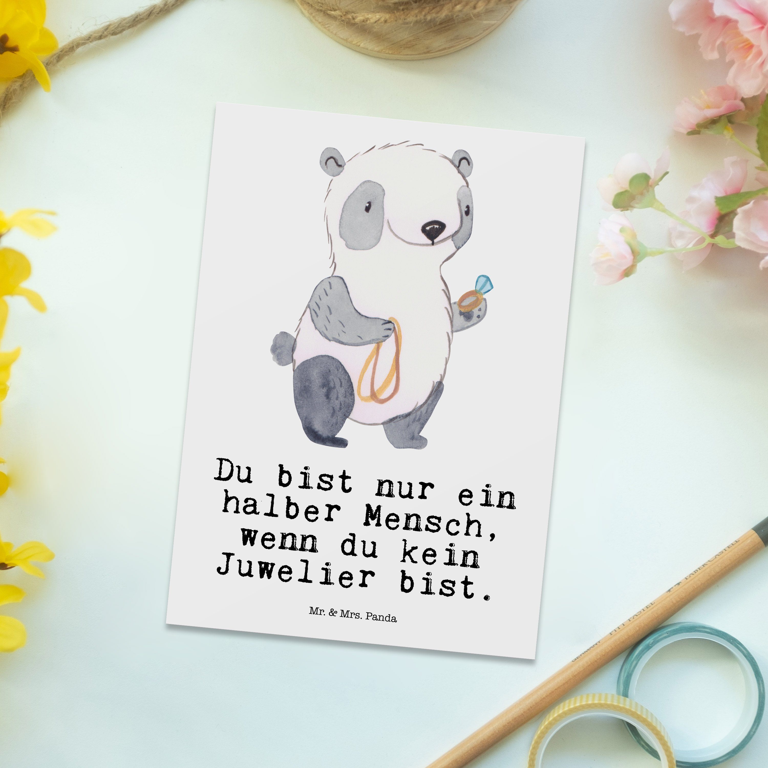 Kollegin, Firma, Mr. Panda Schm Mrs. - Juwelier Weiß Geschenk, Herz - Postkarte Eröffnung, & mit