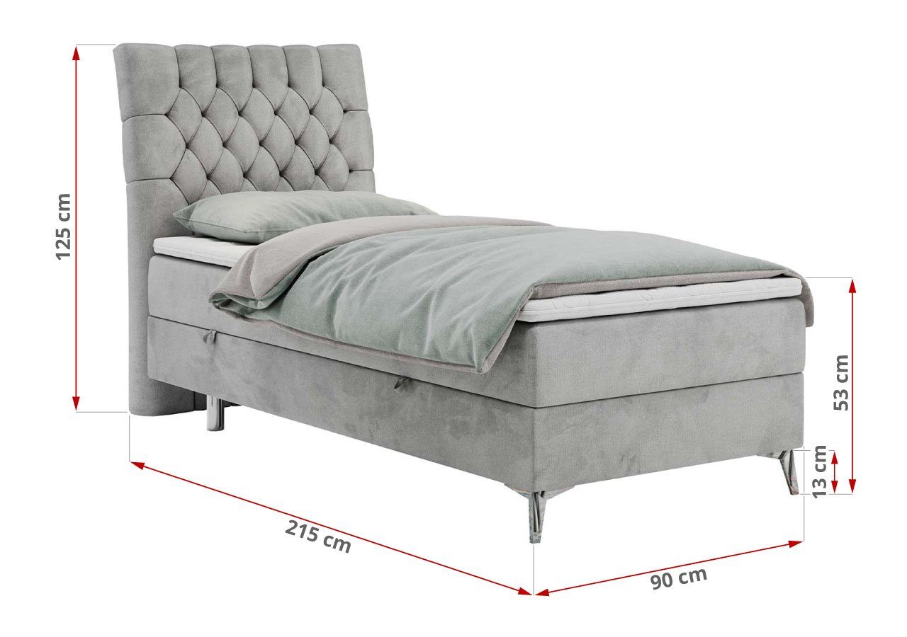 MKS MÖBEL Boxspringbett MILEN, Einzelbett Multipocket-Matratze 90x200, Topper Polsterbett und mit