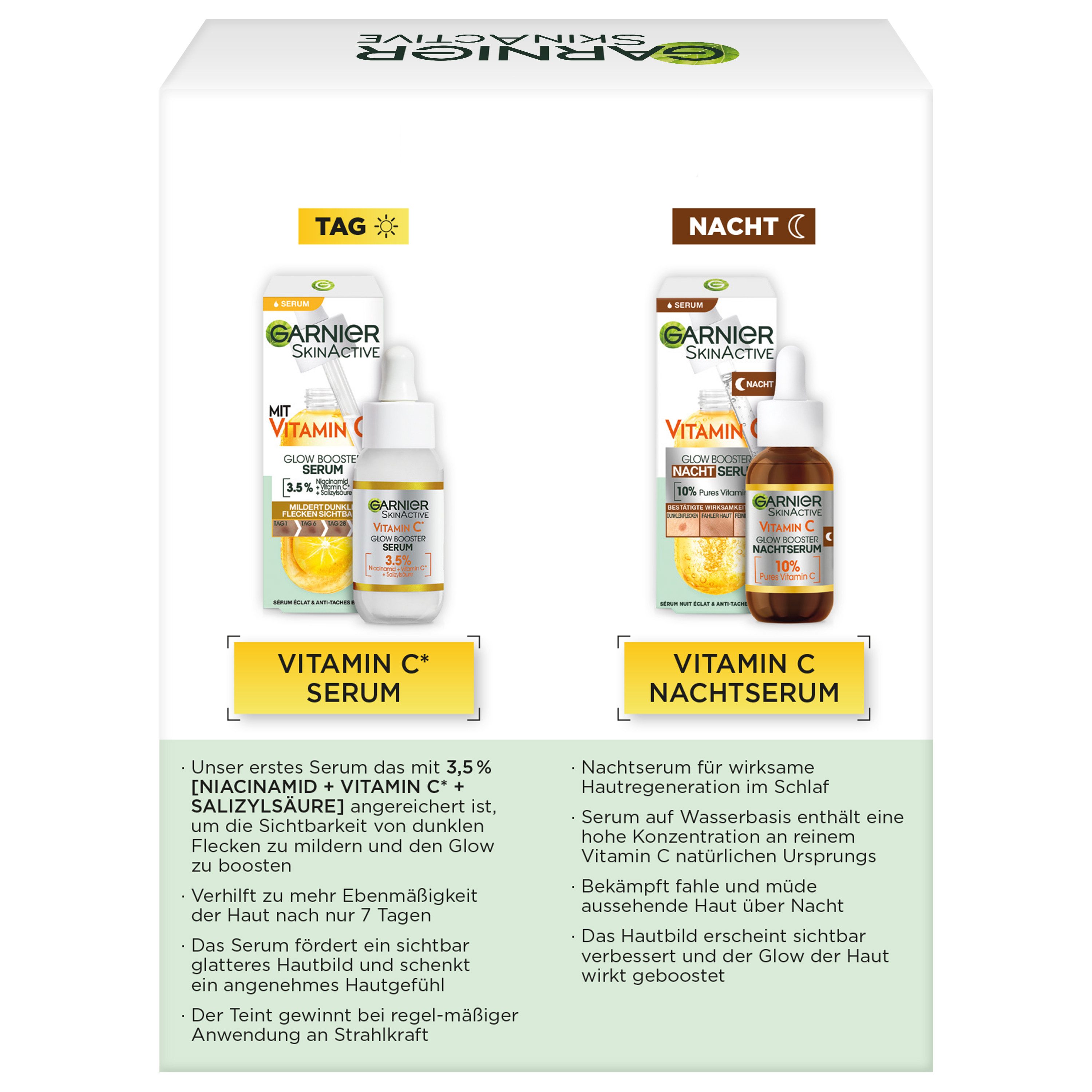 GARNIER Gesichtsserum Vitamin C Glow Booster Serum Duo Set, 2-tlg., Serum-Duo für Tag und Nacht, mit Vitamin C, Lotion-Textur