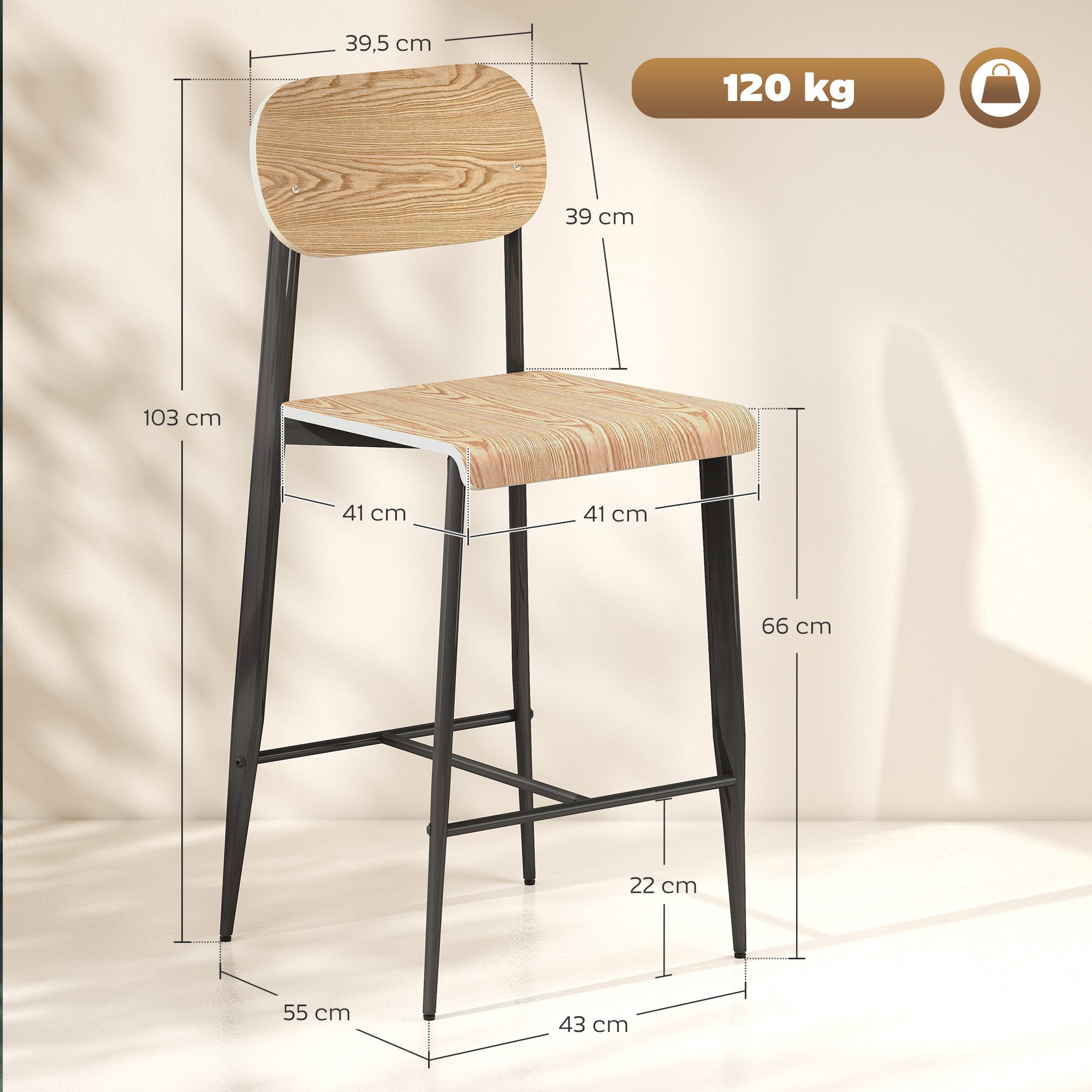 HOMCOM Barhocker Tresenhocker mit Fußstütze, Metallgestell, Sitzhöhe 66 cm (Küchenstuhl, 2 St., 2er Set Barstuhl), einfache Montage, Industrie-Design Naturholz+Schwarz