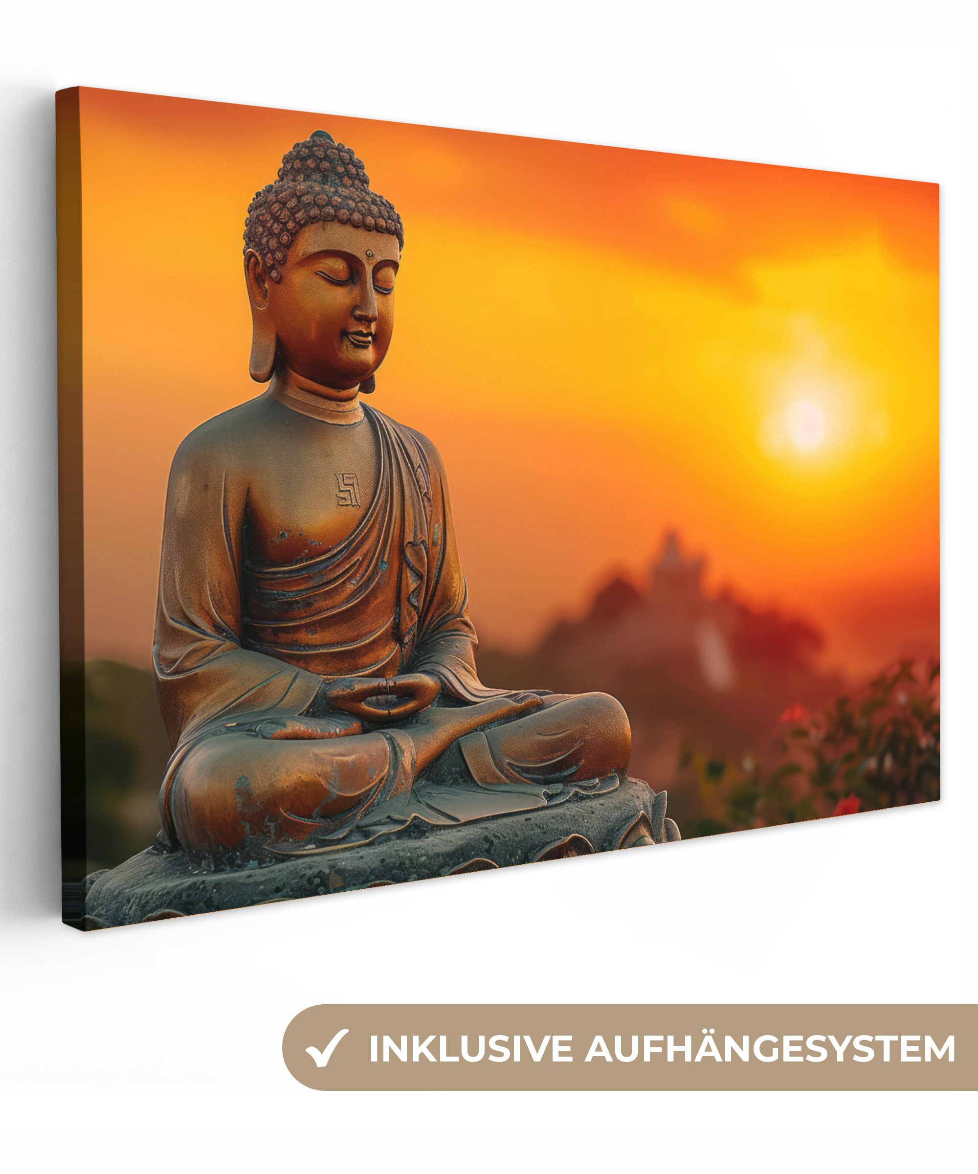 OneMillionCanvasses® Leinwandbild Buddha - Bild - Sonnenuntergang - Buddha - Zen - Japan, Fotodruck (1 St), Leinwand Bilder Klein, Wand Dekoration Aesthetic 30x20 cm