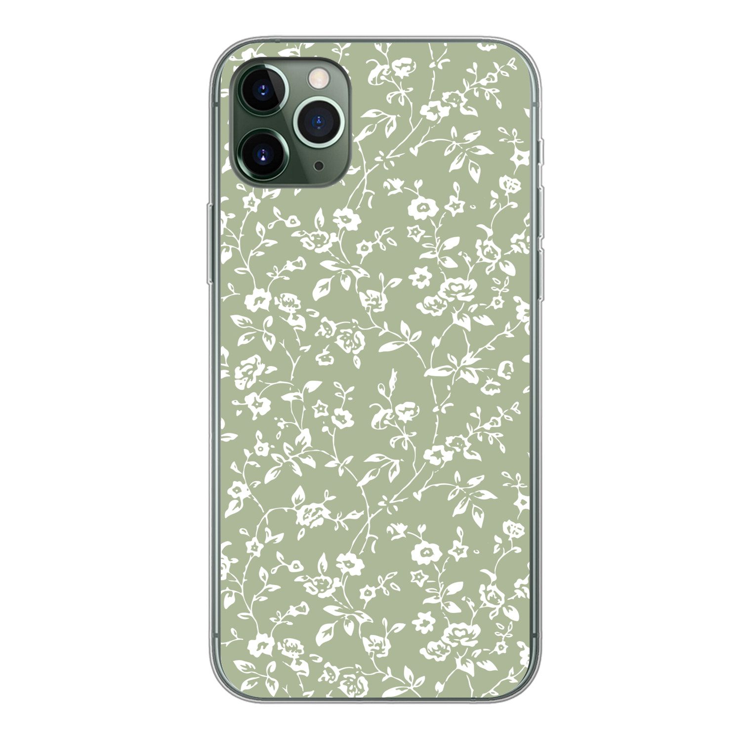 MuchoWow Handyhülle für Apple iPhone 11 Pro Max Blumen - Druck - Grün - Weiß, Smartphone-Bumper, Print, Handy Schutzhülle Dünn