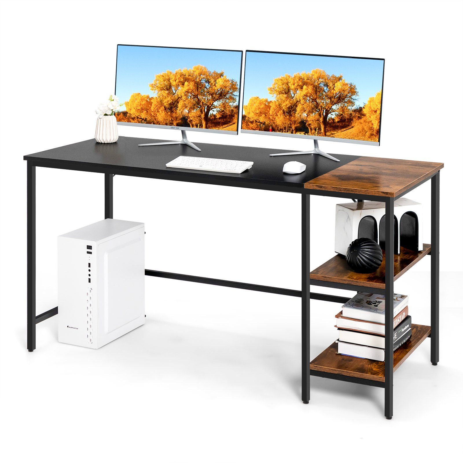 COSTWAY Schreibtisch, mit 2-stufiger Regale, zweifarbig, 140cm lang Braun, Schwarz