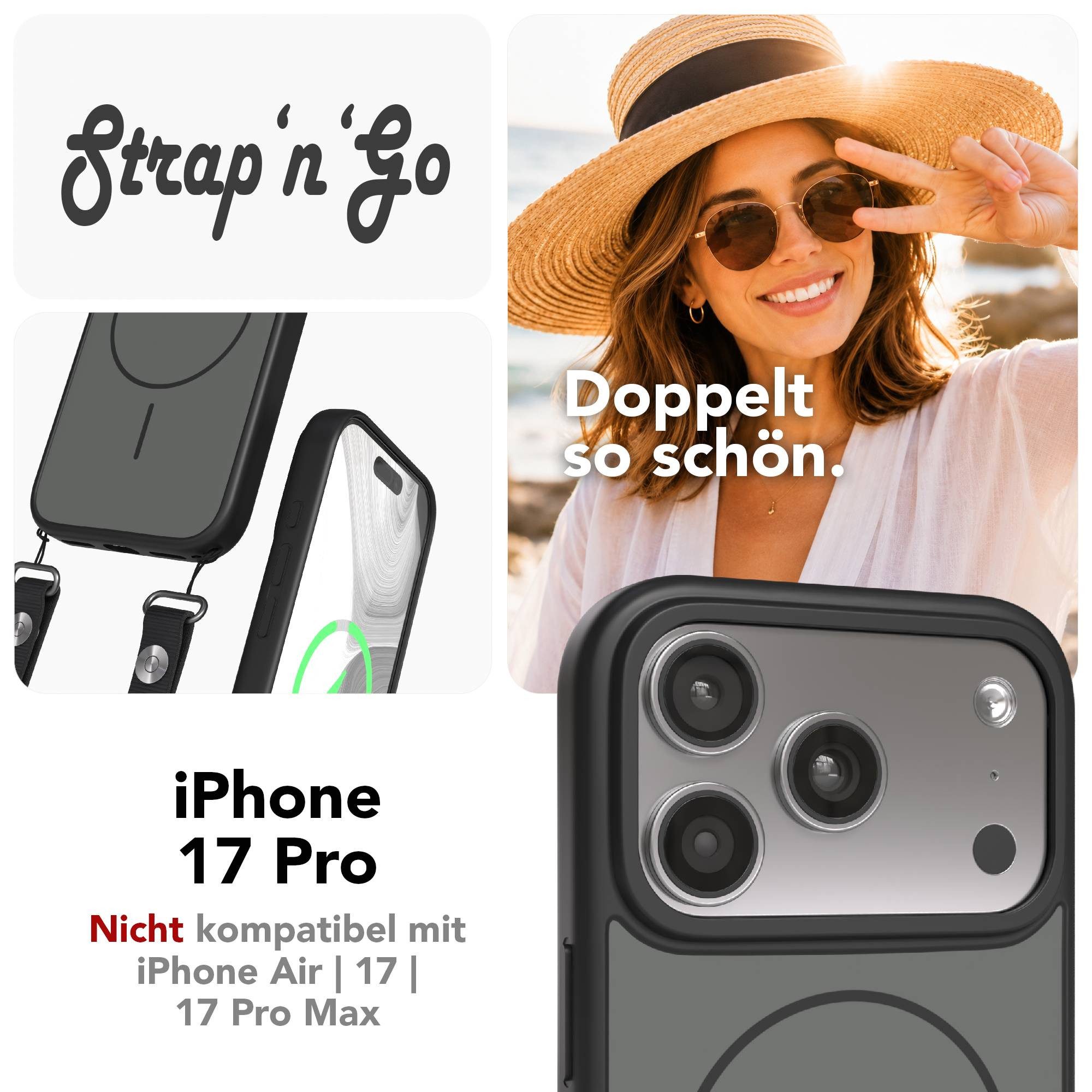 EAZY CASE Handykette Outdoor Case Thin MagSafe mit Band für Apple iPhone 17 Pro 6,3 Zoll, Outdoor Case mit Slim MagSafe Ring und Handykette in Schwarz