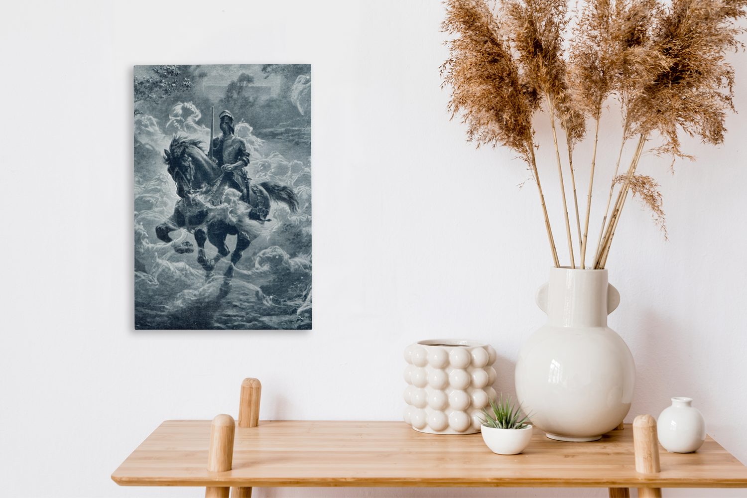Illustration Weiß, Leinwandbild 20x30 inkl. auf St), Pferd einem OneMillionCanvasses® und Zackenaufhänger, (1 Schwarz bespannt Ritters Leinwandbild Gemälde, eines in cm fertig