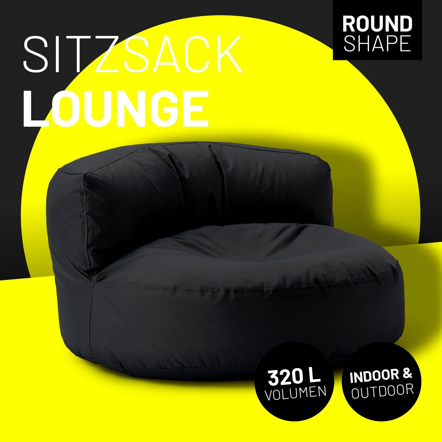 Sitzsack inkl. Bean schwarz Rückenlehne Outdoor Bag 90x90x50cm Sofa Lumaland Lounge, Couch In-& Sitzkissen Round