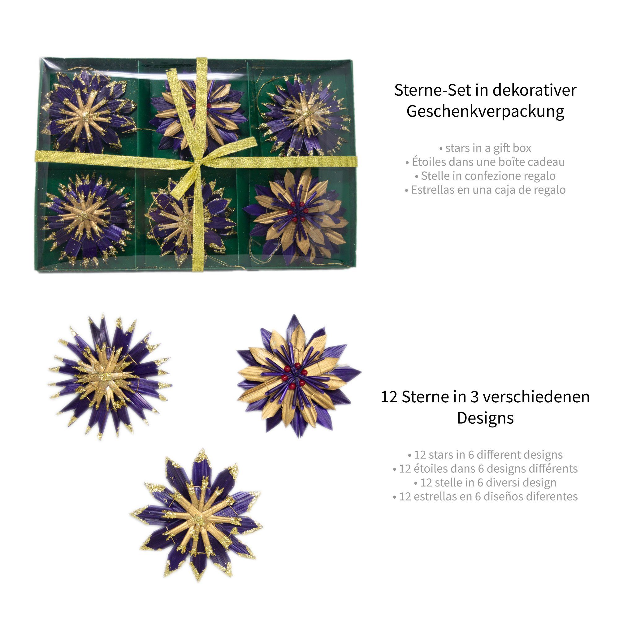 Tannenbaum für als in den ToCi Christbaumschmuck 12er Baumschmuck lila/gold Strohsterne Set