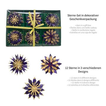 ToCi Christbaumschmuck 12er Set Strohsterne in lila/gold als Baumschmuck für den Tannenbaum