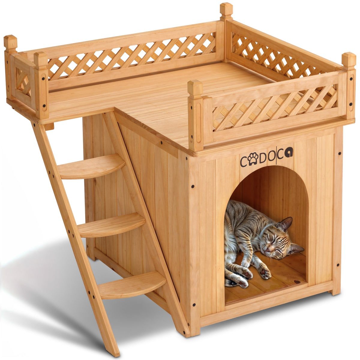 Cadoca Tierhöhle, Katzenhaus FSC®-zertifizierte Kiefer 65x55x54cm 2-stöckig Leiter