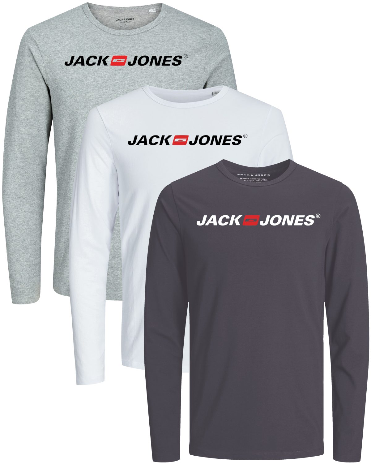 Jack & Jones Langarmshirt Regular-Fit mit stilvollem Printdruck (Spar-Set, 3er-Pack) in Unifarbe aus Baumwolle, mit lizenziertem Originaldesign Print