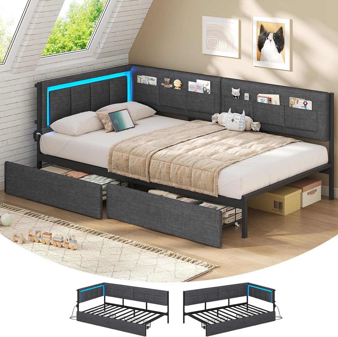 KIMENICH Polsterbett Schlafsofa mit LED-Beleuchtung, 6 Stoffbeutel & Ladestation (Ohne Matratze), Jugendbett mit 2 Schubladen, Grau – 90x190 cm