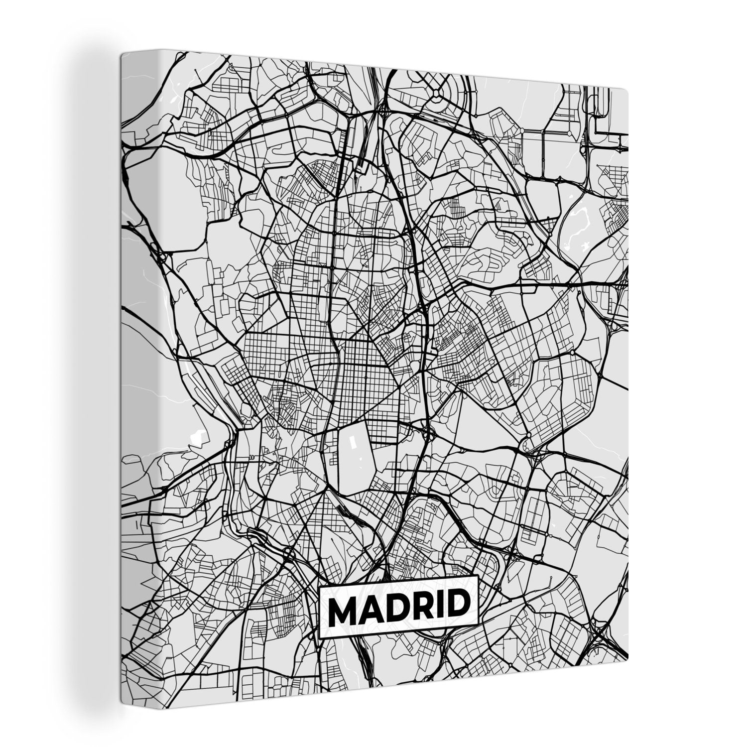 OneMillionCanvasses® Leinwandbild Madrid - Schwarz und weiß - Stadtplan - Karte, (1 St), Leinwand Bilder für Wohnzimmer Schlafzimmer