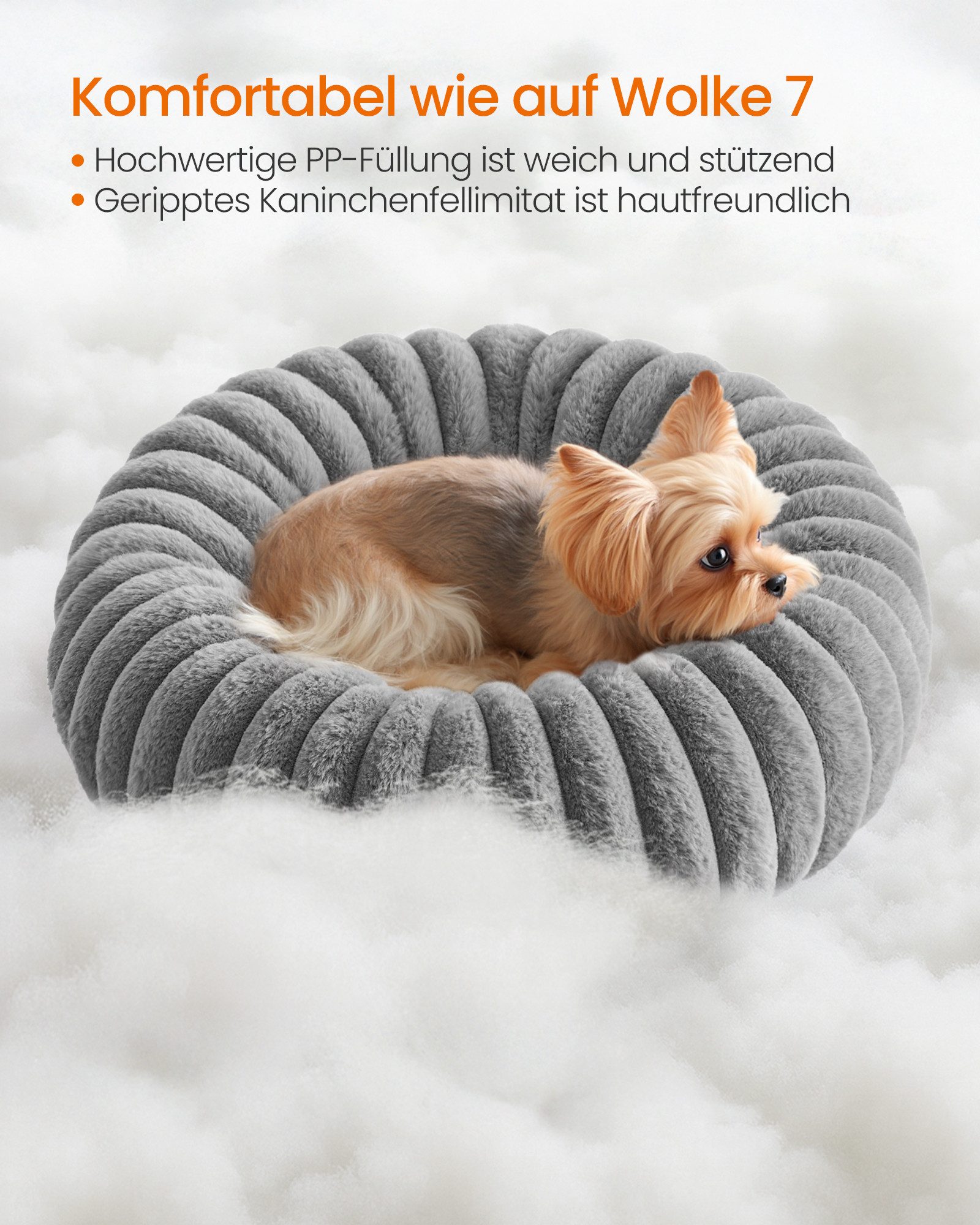 FEANDREA Hundebett Katzenbett, Hundekörbchen, Hundekissen, rutschfest, taubengrau, kleines, 50 cm Durchmesser, waschbar, weiche Polsterung