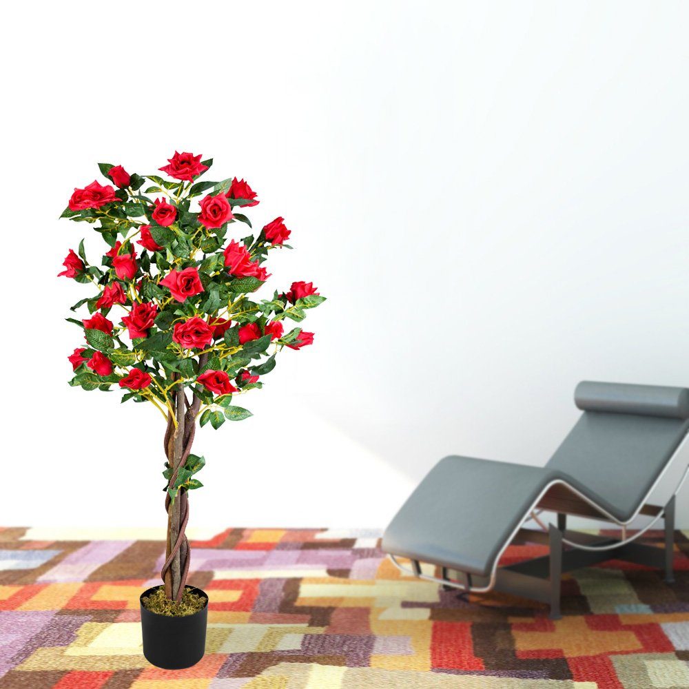 Rosenbusch Echtholz Pflanze 120cm Rose Kunstpflanze Rosenstock Rot Decovego Decovego, Künstliche